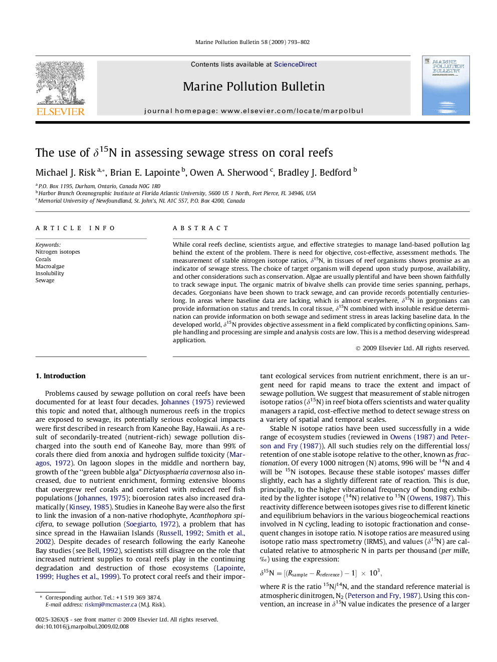 The use of Î´15N in assessing sewage stress on coral reefs