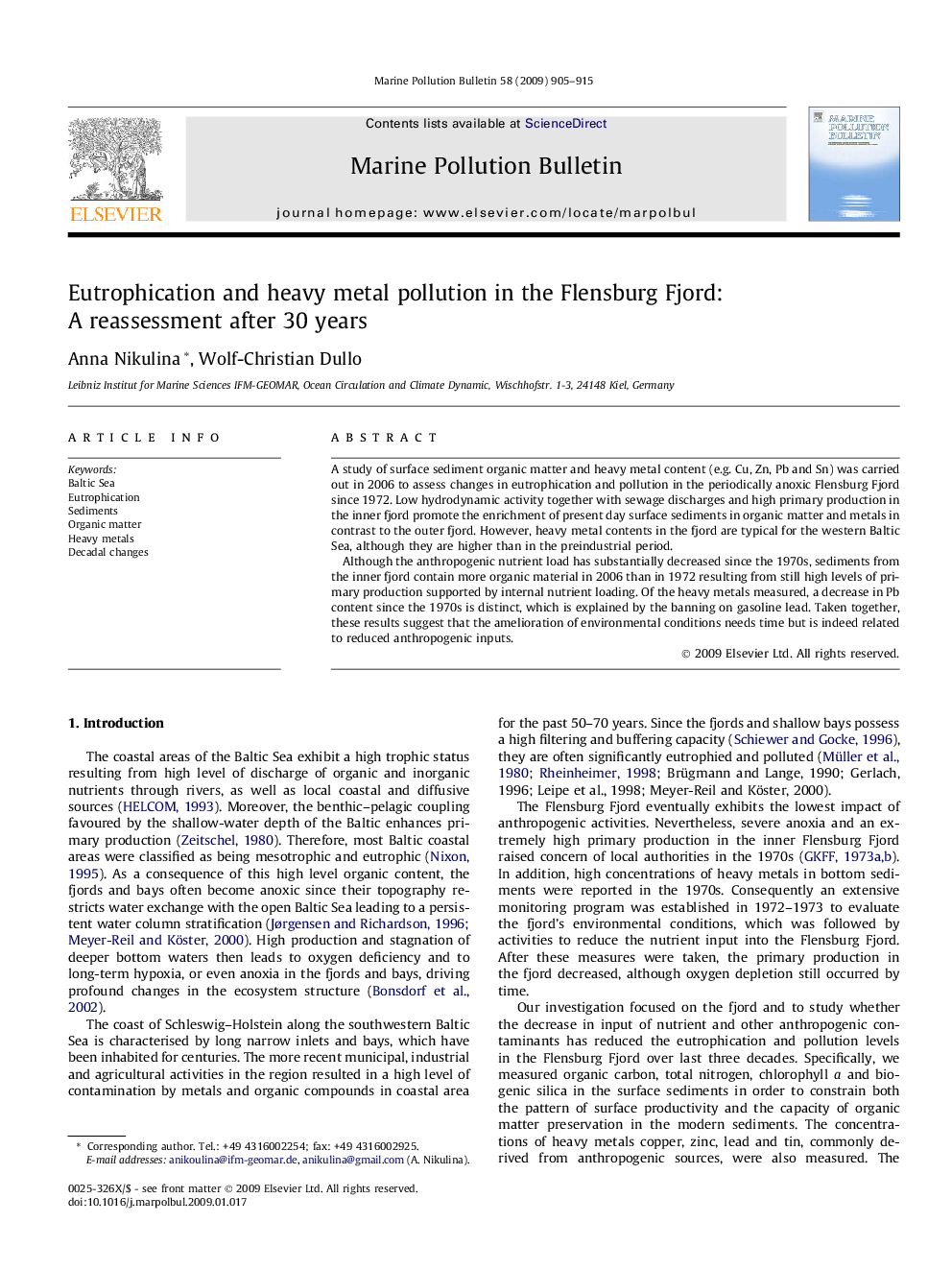 Eutrophication and heavy metal pollution in the Flensburg Fjord: A reassessment after 30 years