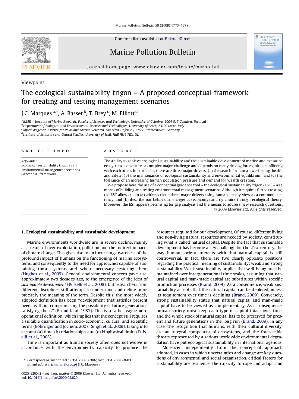 The ecological sustainability trigon - A proposed conceptual framework for creating and testing management scenarios