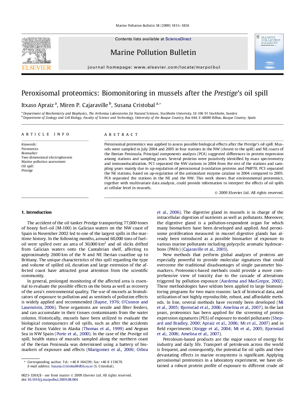 Peroxisomal proteomics: Biomonitoring in mussels after the Prestige's oil spill