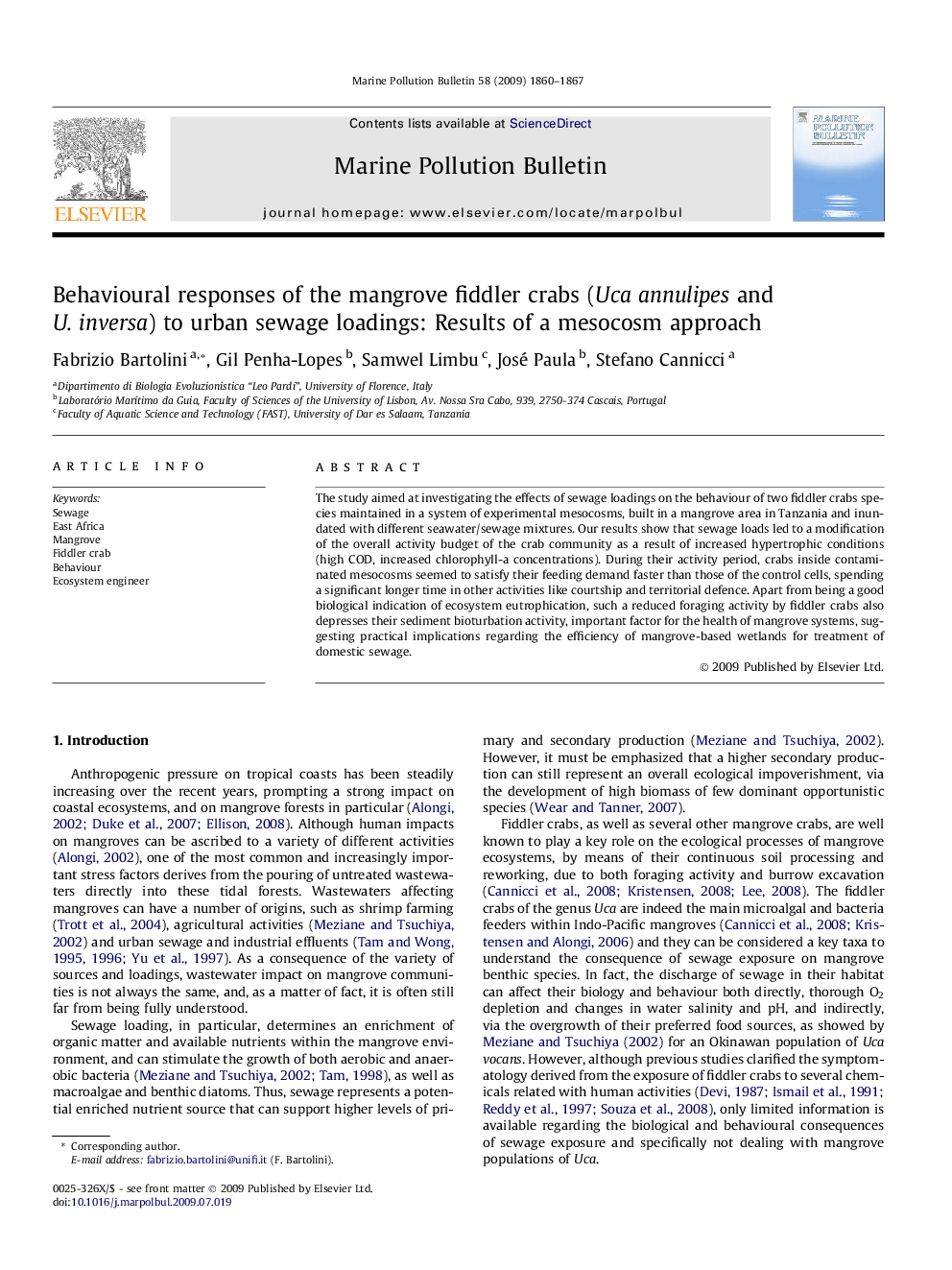 Behavioural responses of the mangrove fiddler crabs (Uca annulipes and U. inversa) to urban sewage loadings: Results of a mesocosm approach