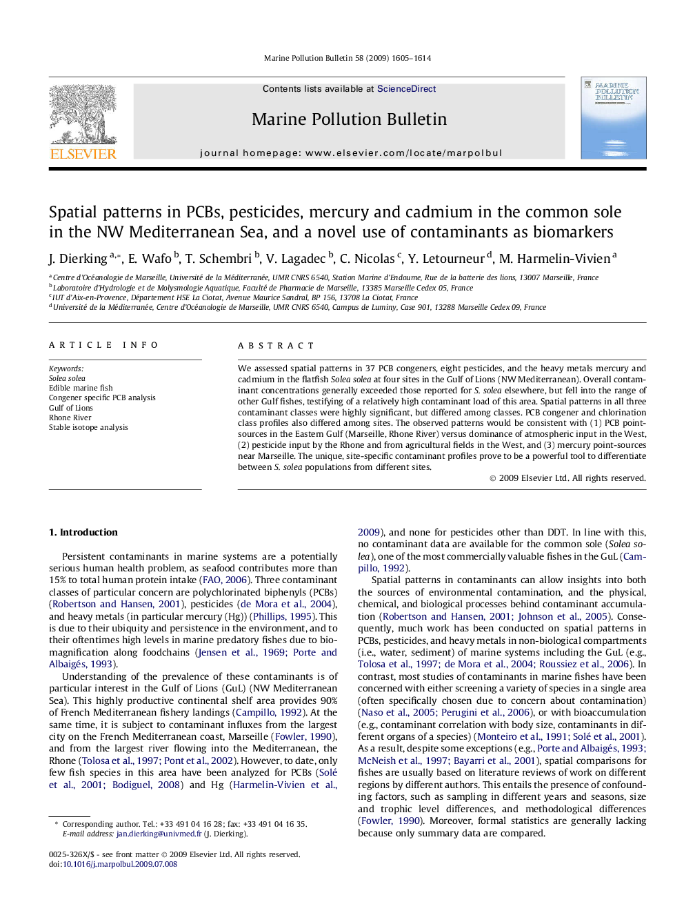 Spatial patterns in PCBs, pesticides, mercury and cadmium in the common sole in the NW Mediterranean Sea, and a novel use of contaminants as biomarkers