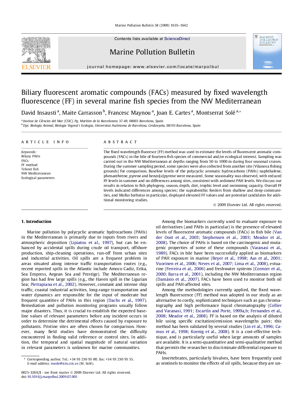 Biliary fluorescent aromatic compounds (FACs) measured by fixed wavelength fluorescence (FF) in several marine fish species from the NW Mediterranean