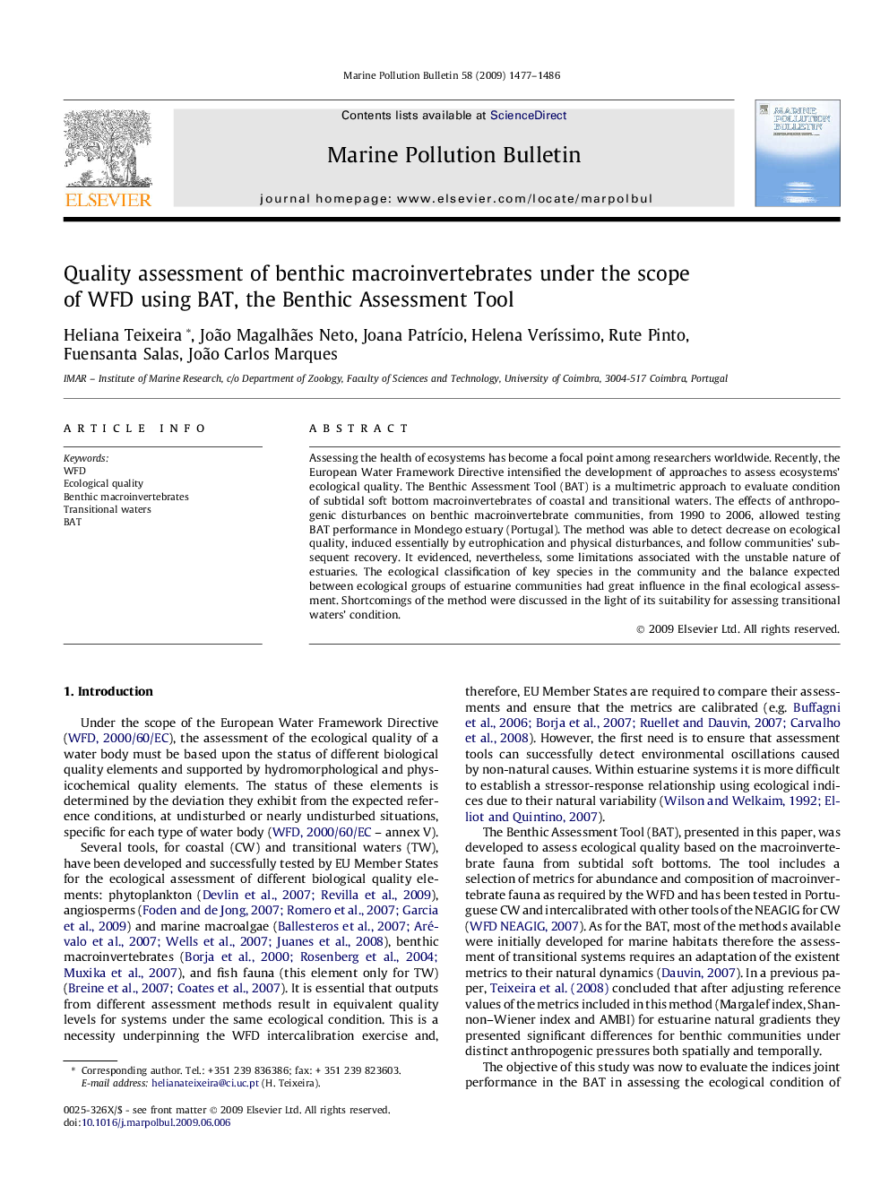 Quality assessment of benthic macroinvertebrates under the scope of WFD using BAT, the Benthic Assessment Tool