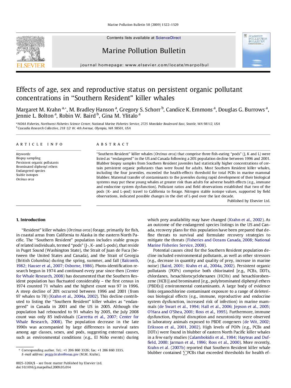 Effects of age, sex and reproductive status on persistent organic pollutant concentrations in “Southern Resident” killer whales