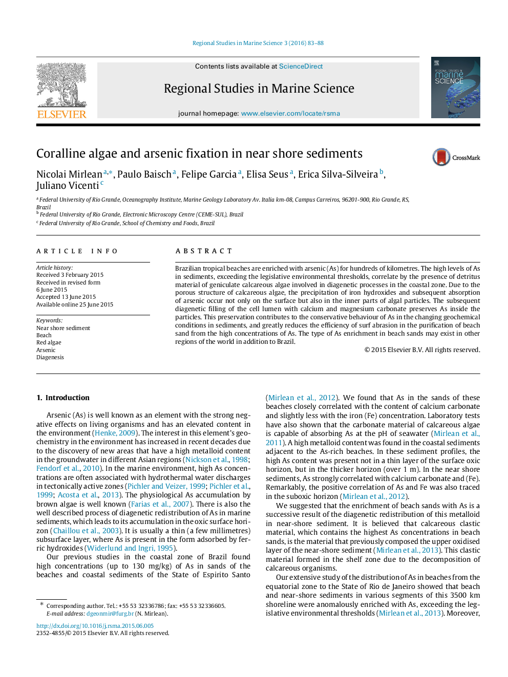 Coralline algae and arsenic fixation in near shore sediments