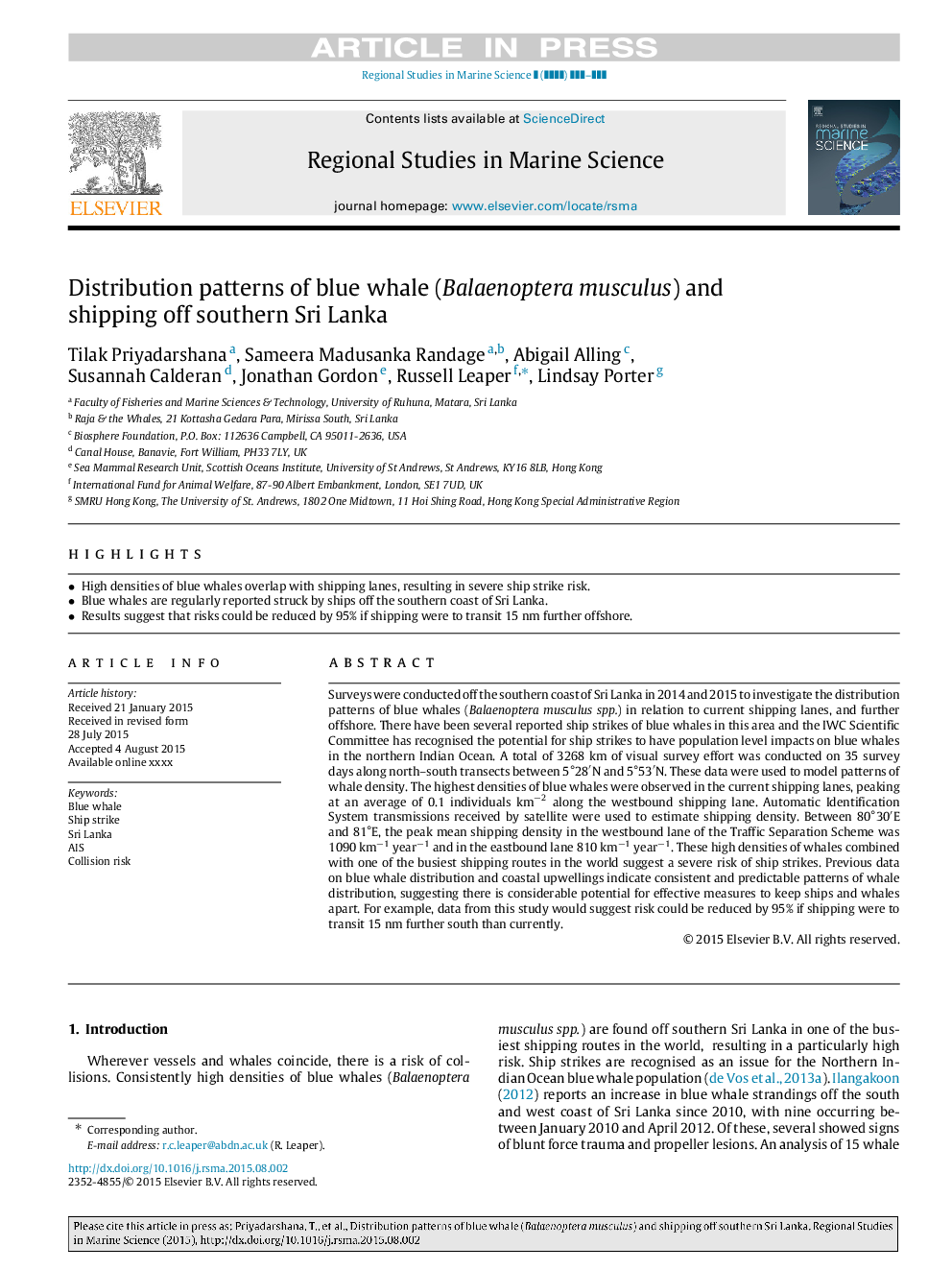 Distribution patterns of blue whale (Balaenoptera musculus) and shipping off southern Sri Lanka