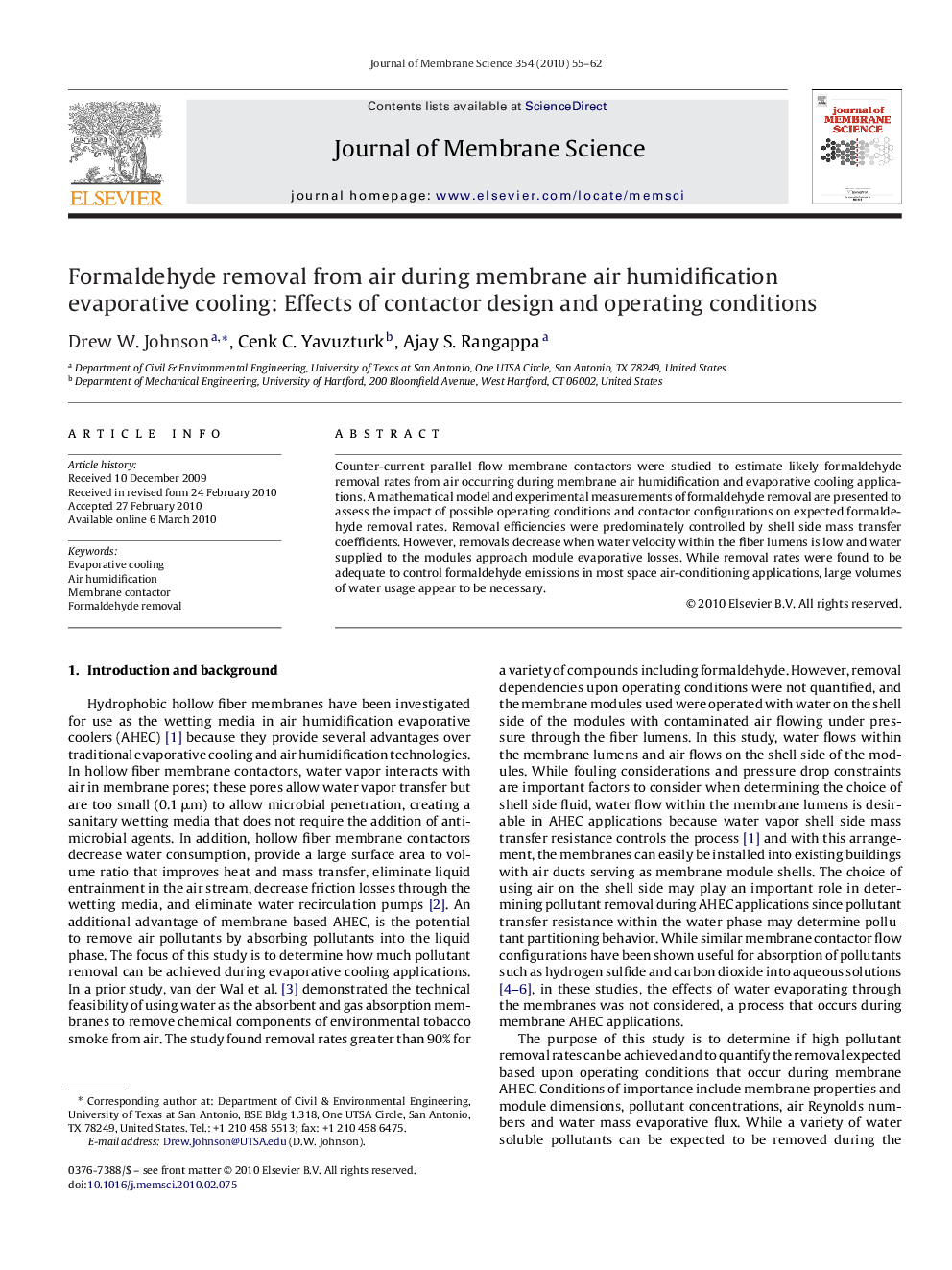 Formaldehyde removal from air during membrane air humidification evaporative cooling: Effects of contactor design and operating conditions