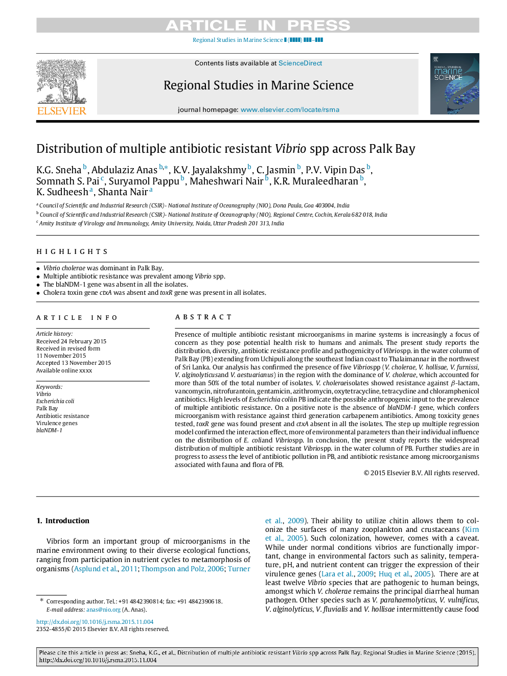 توزیع علفهای هرز ویبریو مقاوم در برابر آنتی بیوتیک در خلیج پالک 