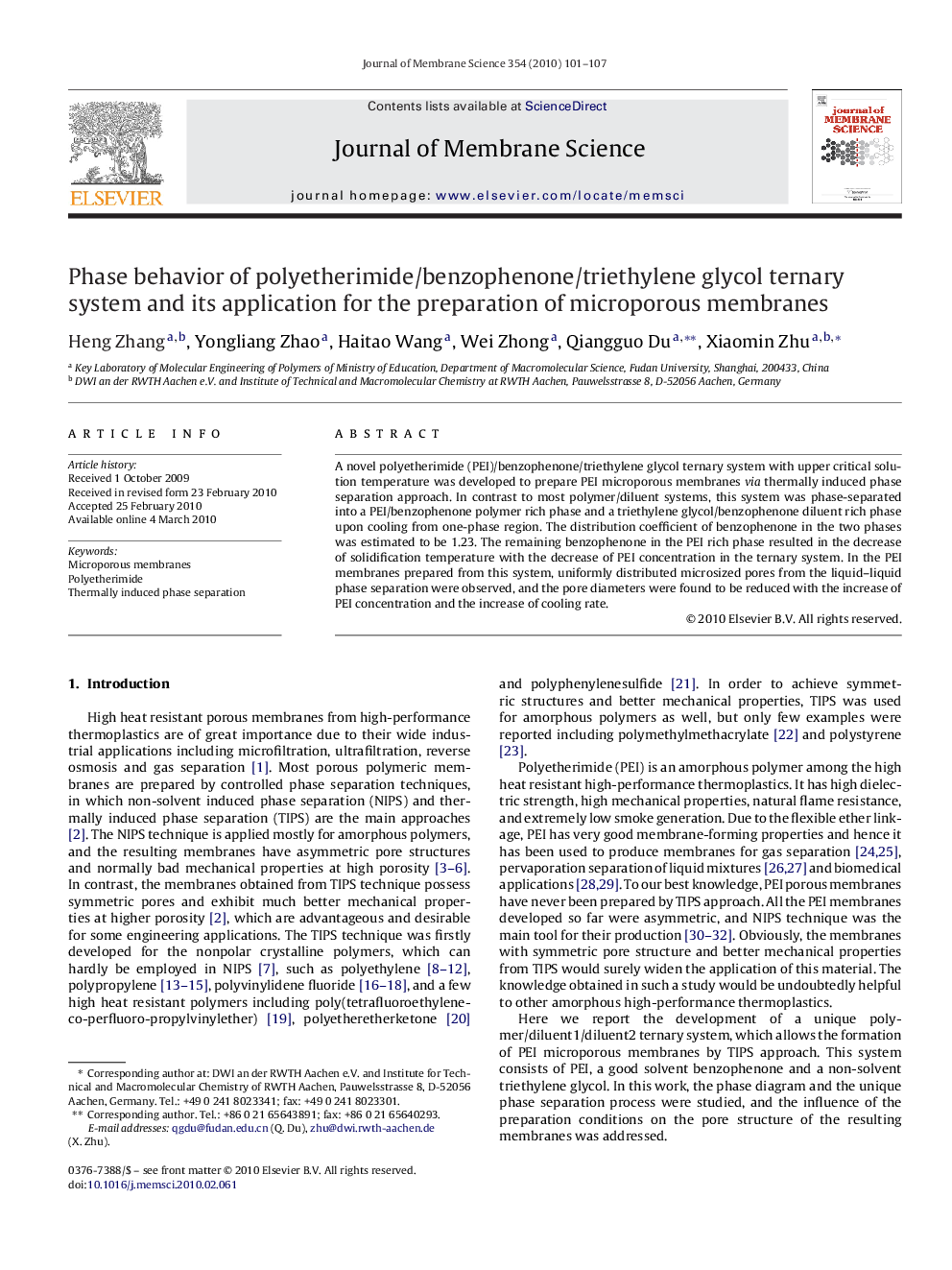 Phase behavior of polyetherimide/benzophenone/triethylene glycol ternary system and its application for the preparation of microporous membranes