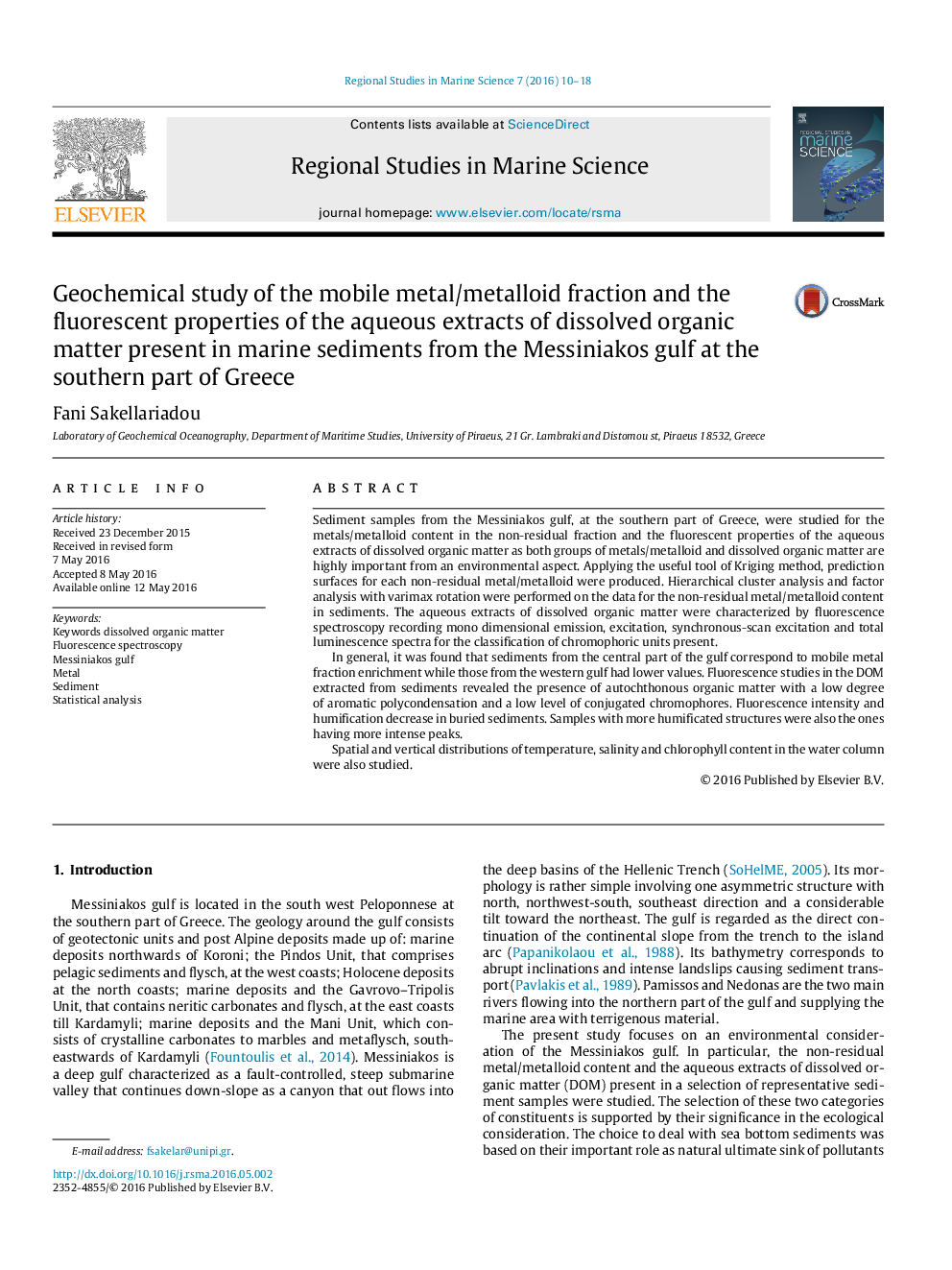 Geochemical study of the mobile metal/metalloid fraction and the fluorescent properties of the aqueous extracts of dissolved organic matter present in marine sediments from the Messiniakos gulf at the southern part of Greece