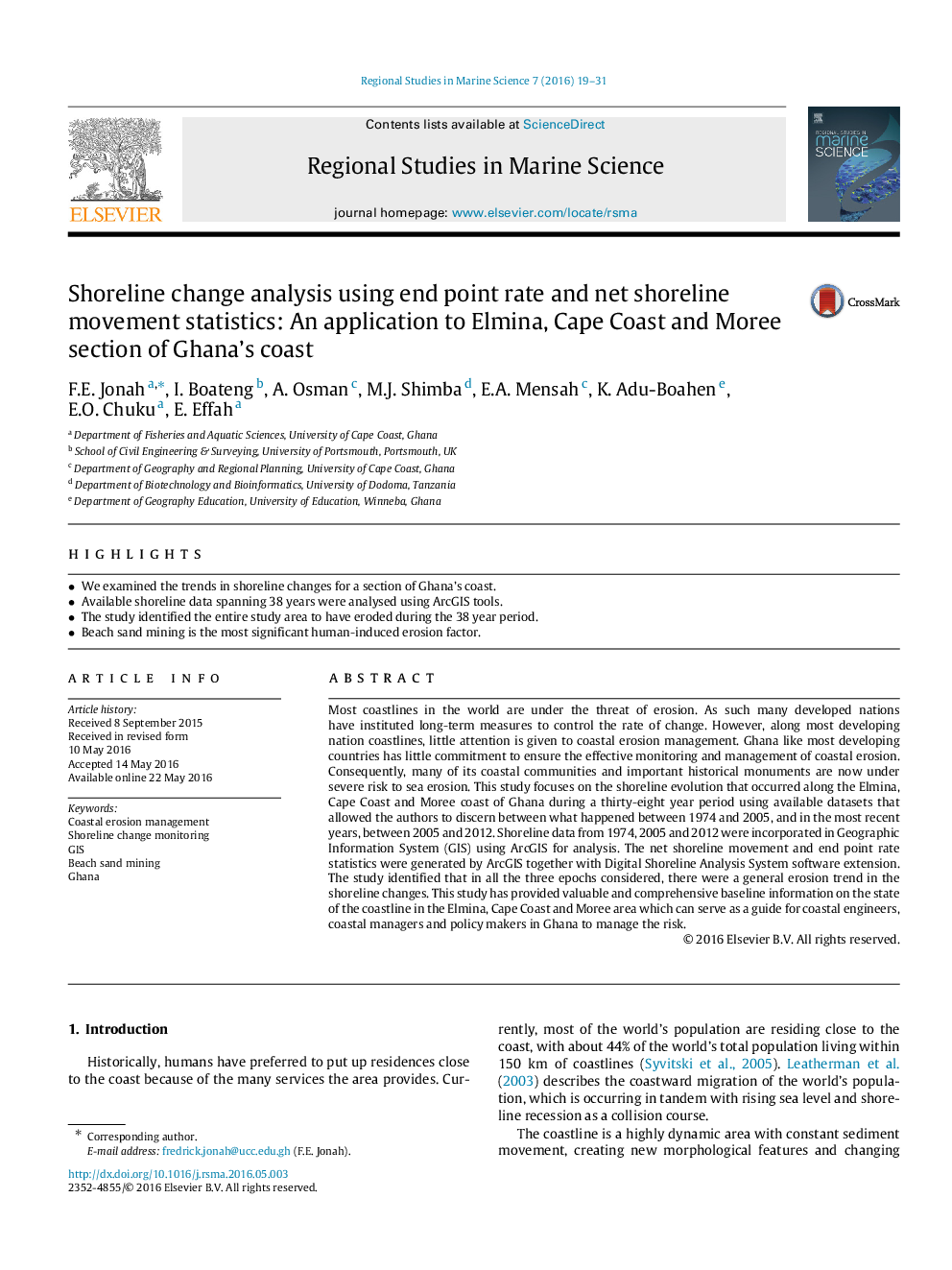 Shoreline change analysis using end point rate and net shoreline movement statistics: An application to Elmina, Cape Coast and Moree section of Ghana's coast