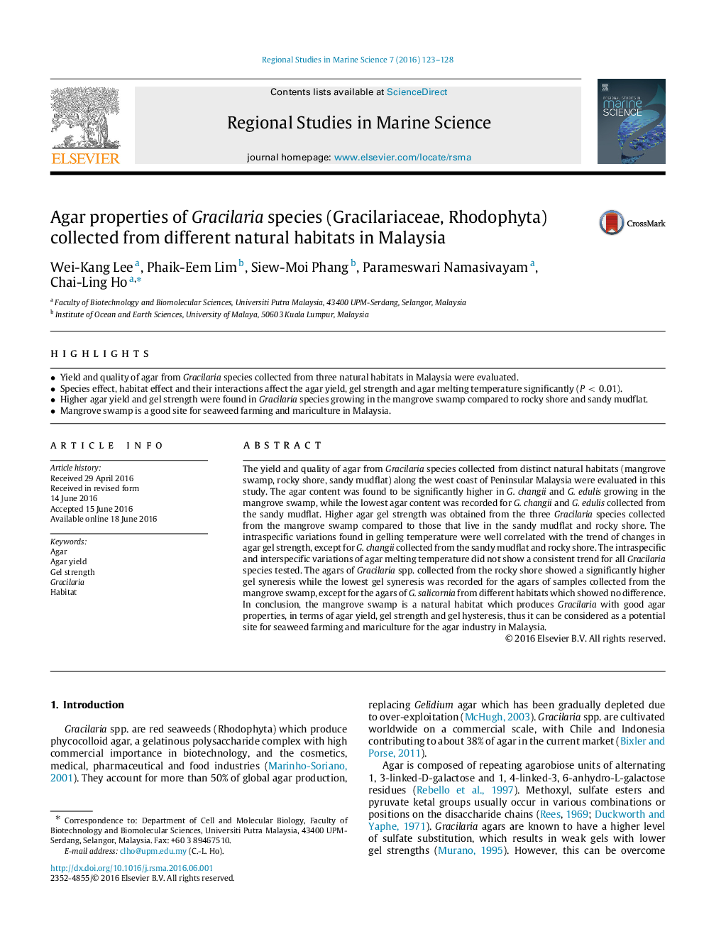 Agar properties of Gracilaria species (Gracilariaceae, Rhodophyta) collected from different natural habitats in Malaysia