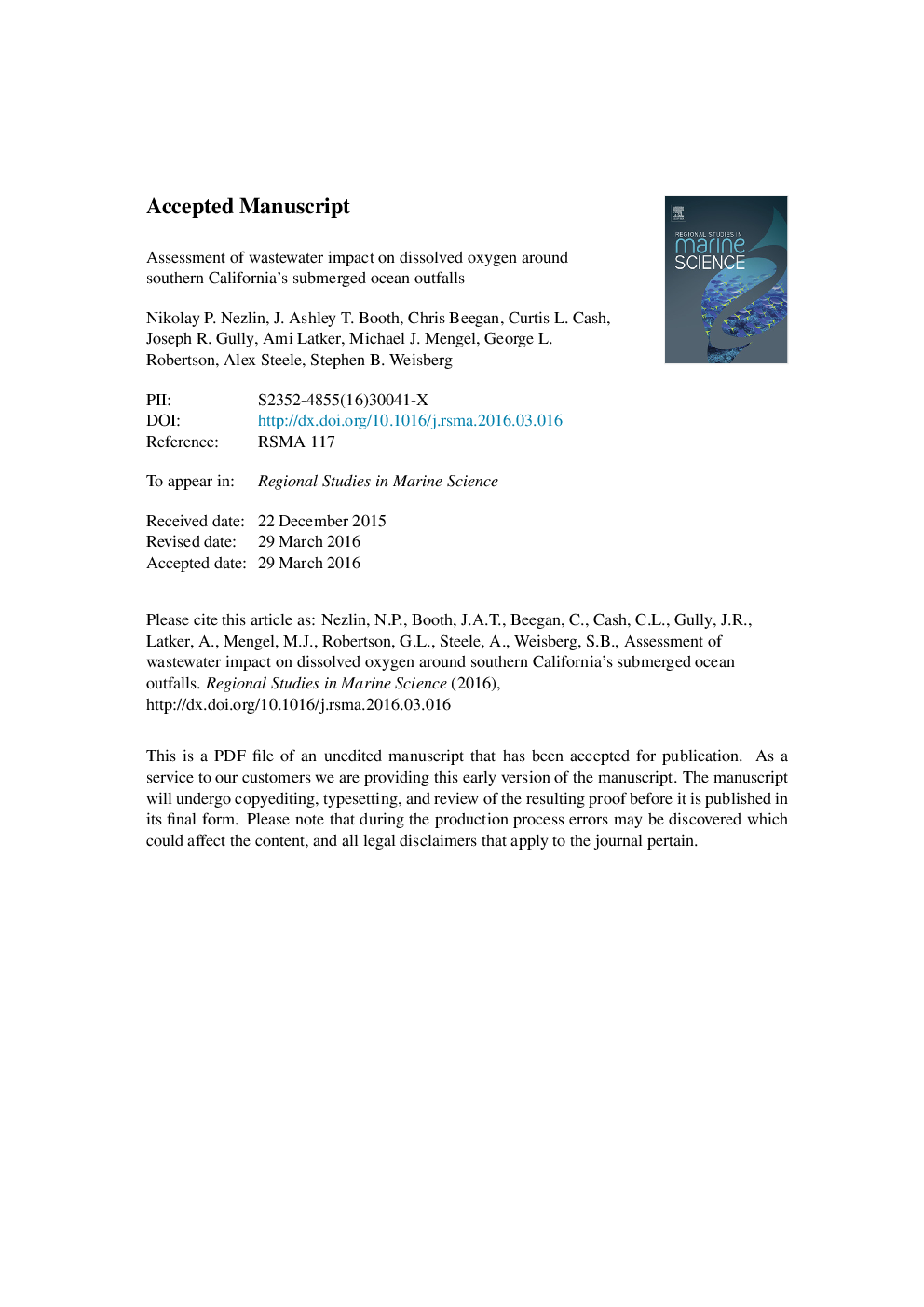 Assessment of wastewater impact on dissolved oxygen around southern California's submerged ocean outfalls