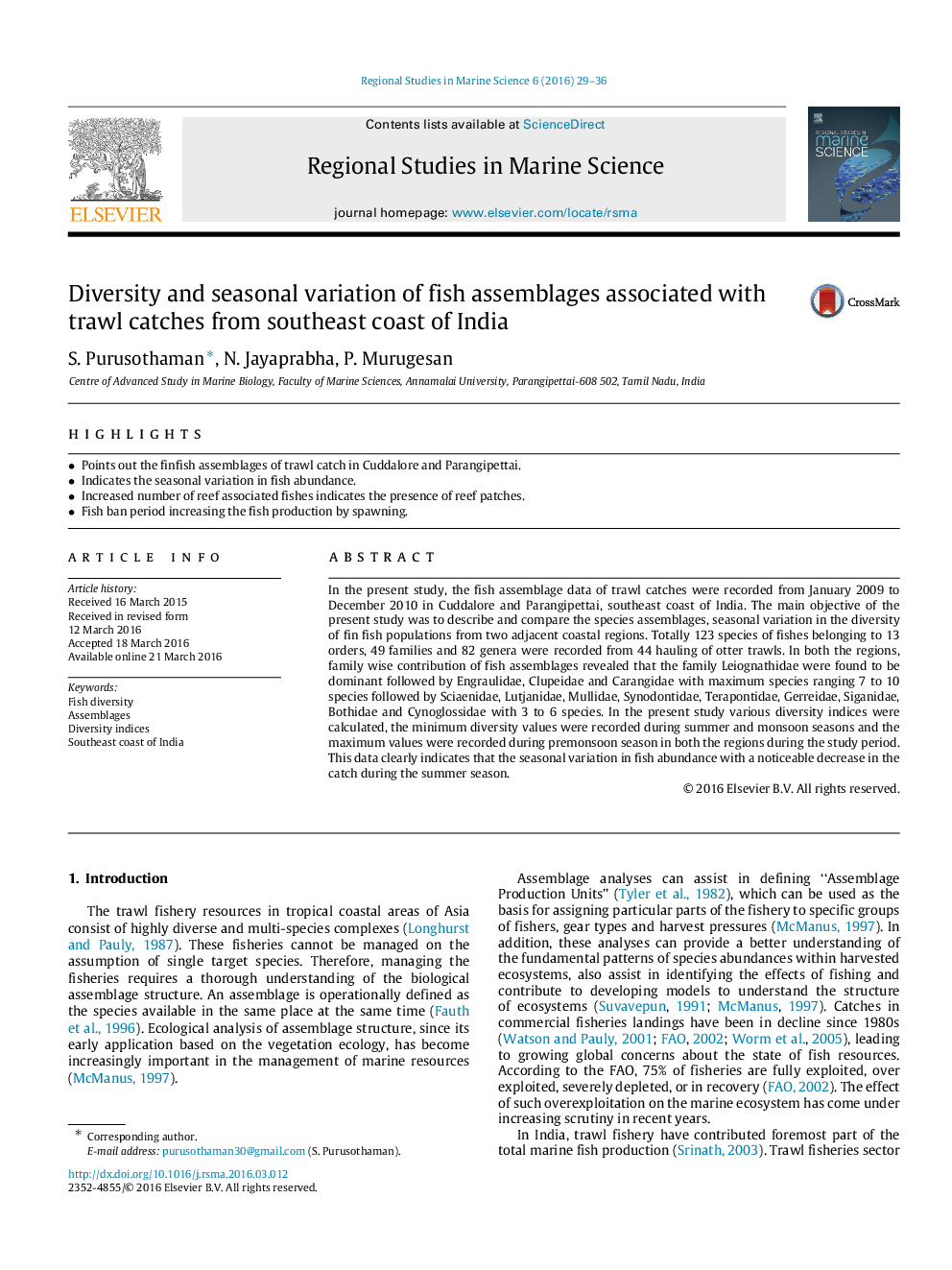 Diversity and seasonal variation of fish assemblages associated with trawl catches from southeast coast of India