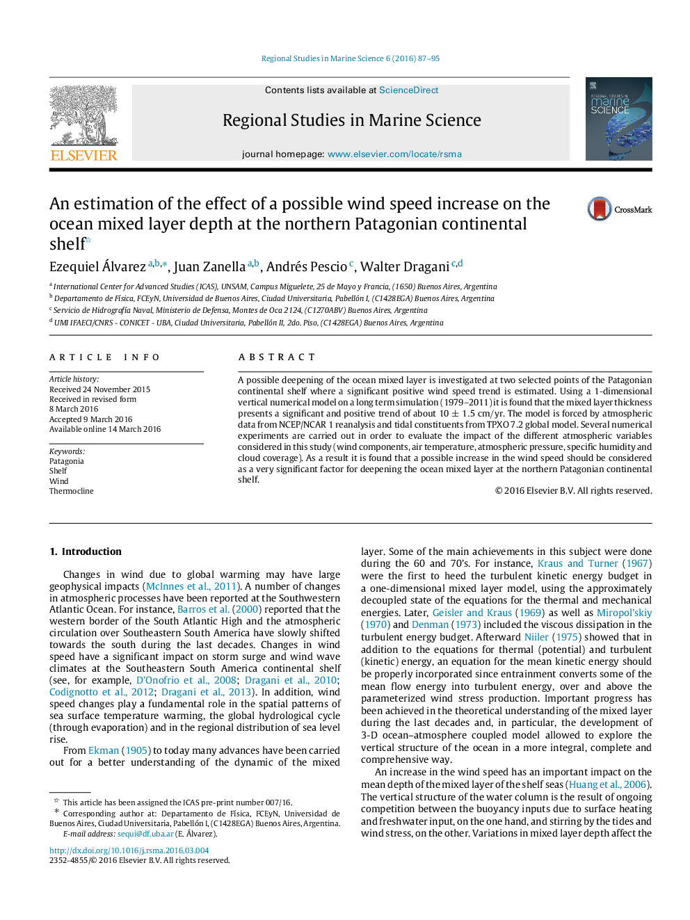 An estimation of the effect of a possible wind speed increase on the ocean mixed layer depth at the northern Patagonian continental shelf