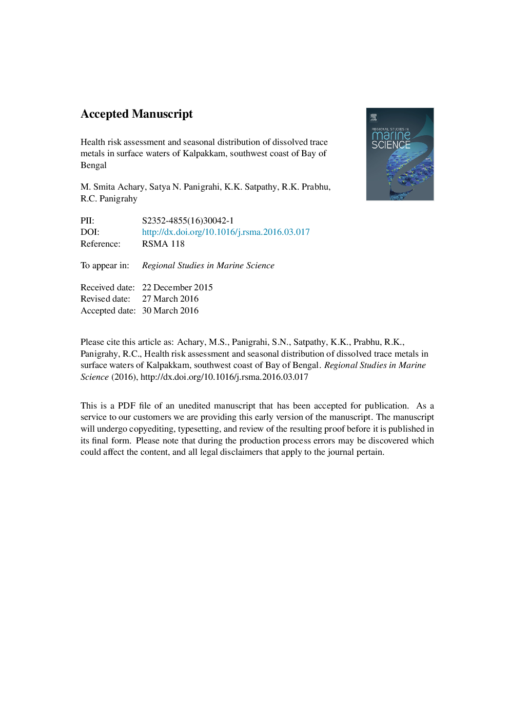 Health risk assessment and seasonal distribution of dissolved trace metals in surface waters of Kalpakkam, southwest coast of Bay of Bengal