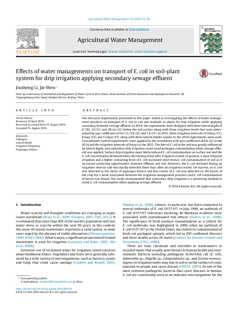 Effects of water managements on transport of E. coli in soil-plant system for drip irrigation applying secondary sewage effluent