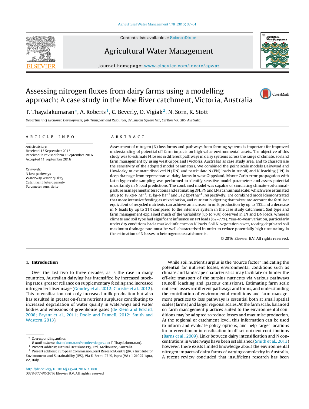 Assessing nitrogen fluxes from dairy farms using a modelling approach: A case study in the Moe River catchment, Victoria, Australia