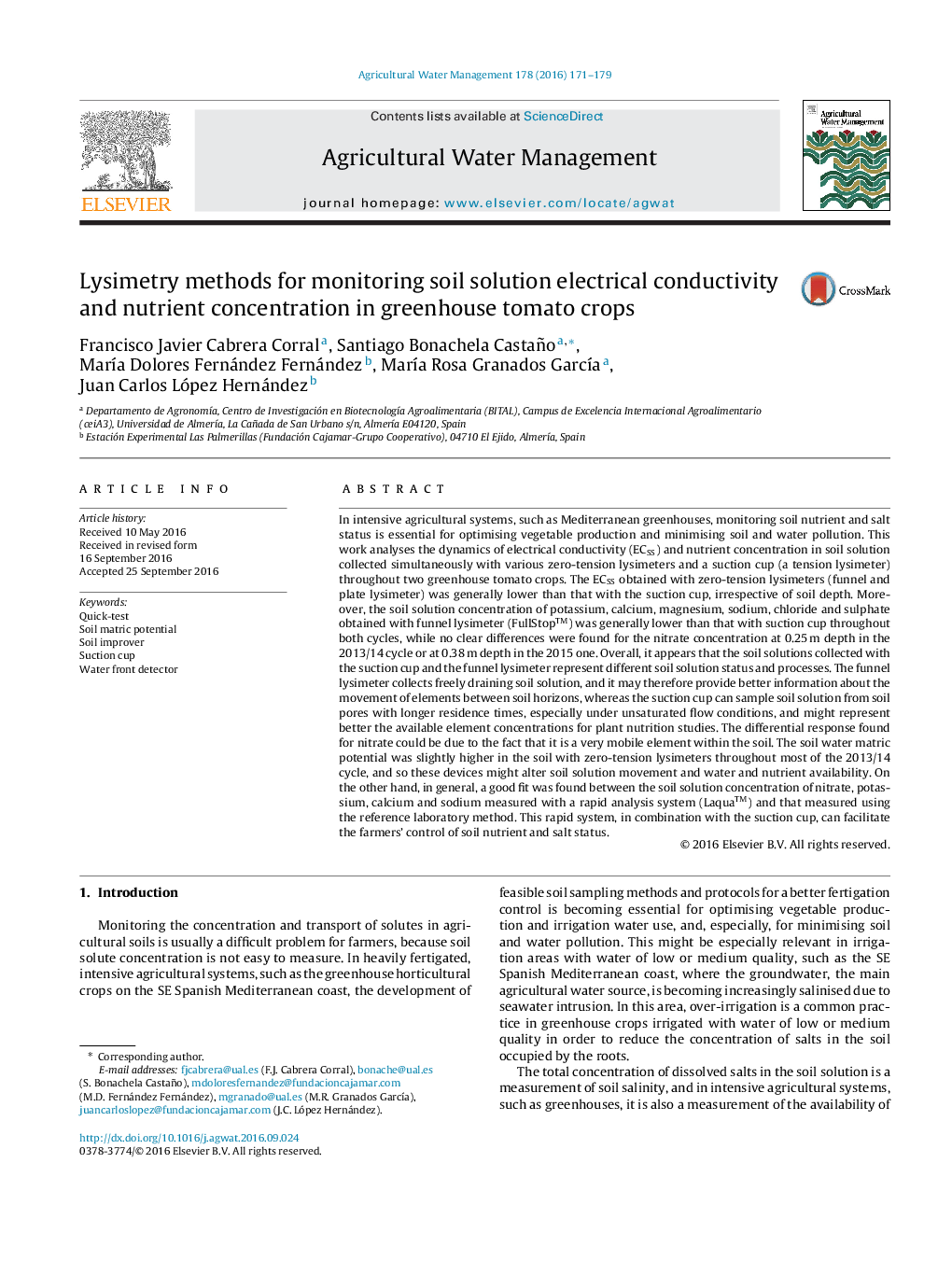 Lysimetry methods for monitoring soil solution electrical conductivity and nutrient concentration in greenhouse tomato crops