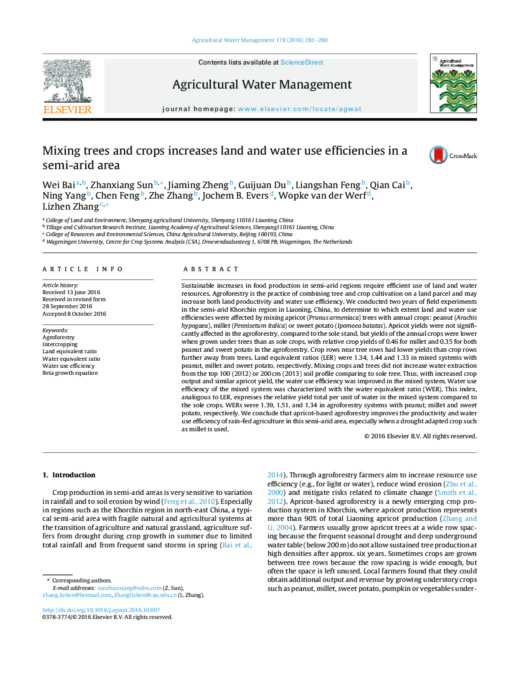 Mixing trees and crops increases land and water use efficiencies in a semi-arid area