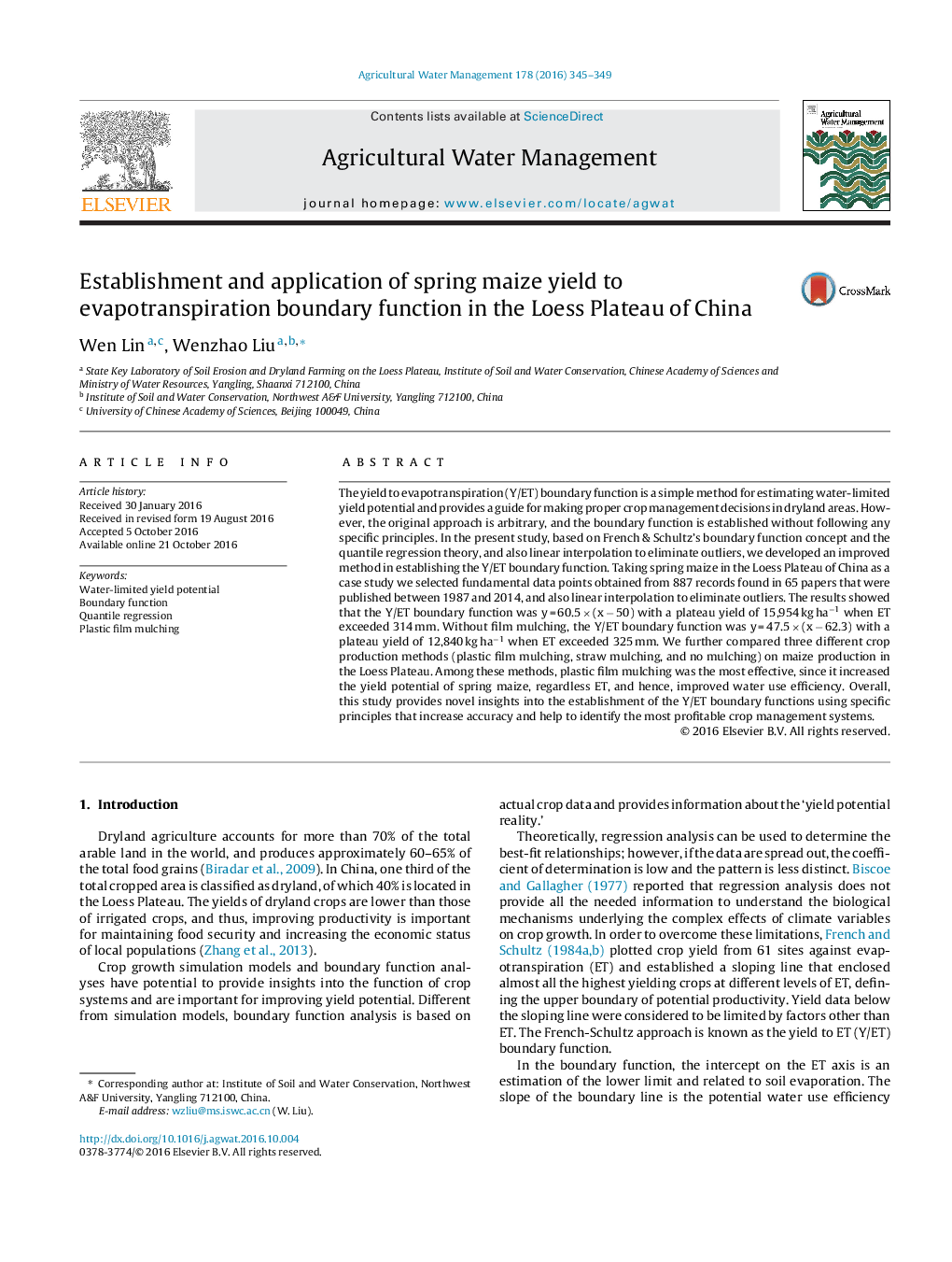 Establishment and application of spring maize yield to evapotranspiration boundary function in the Loess Plateau of China