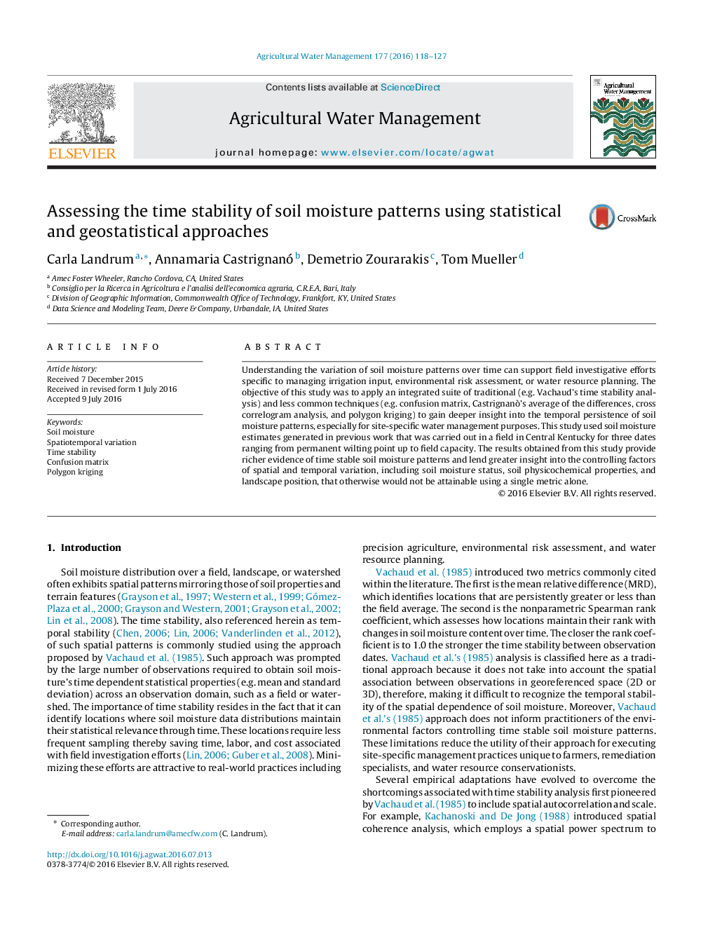 Assessing the time stability of soil moisture patterns using statistical and geostatistical approaches