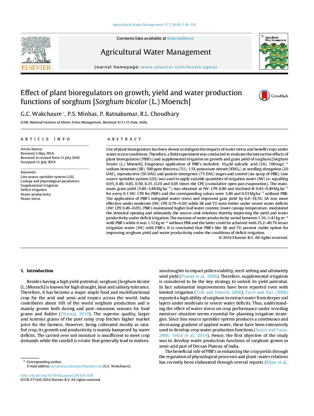 Effect of plant bioregulators on growth, yield and water production functions of sorghum [Sorghum bicolor (L.) Moench]