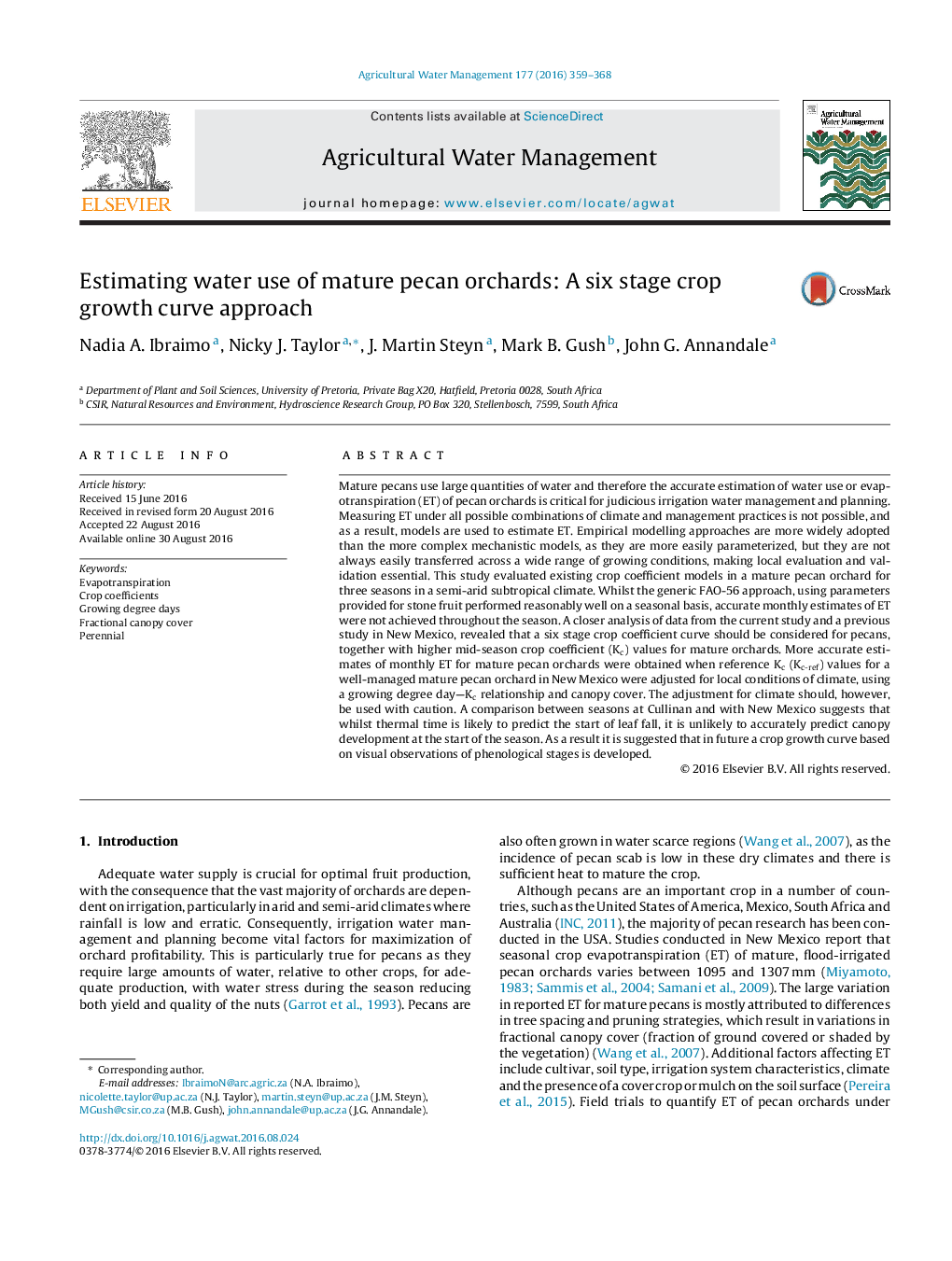 Estimating water use of mature pecan orchards: A six stage crop growth curve approach