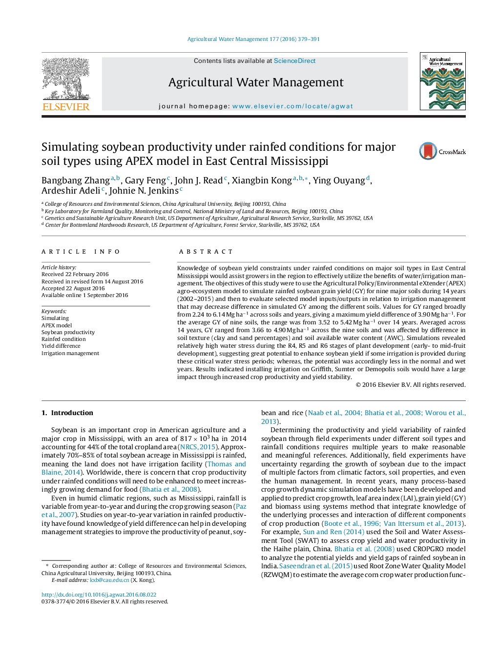 Simulating soybean productivity under rainfed conditions for major soil types using APEX model in East Central Mississippi