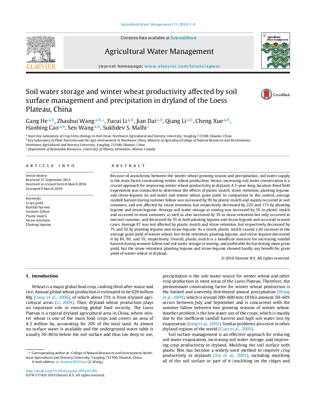 Soil water storage and winter wheat productivity affected by soil surface management and precipitation in dryland of the Loess Plateau, China