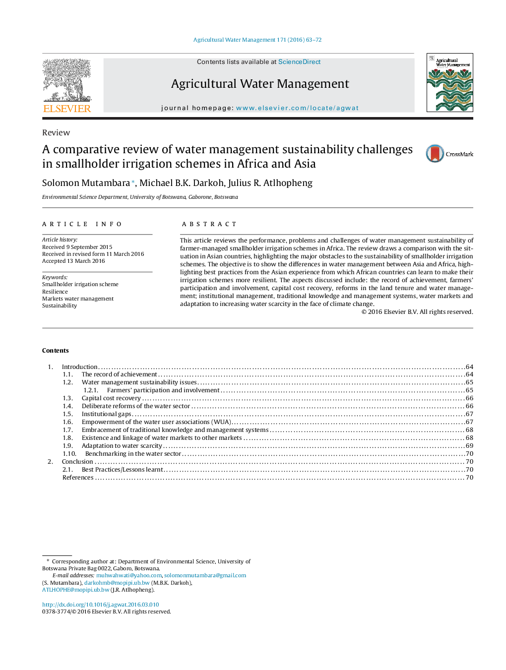 A comparative review of water management sustainability challenges in smallholder irrigation schemes in Africa and Asia