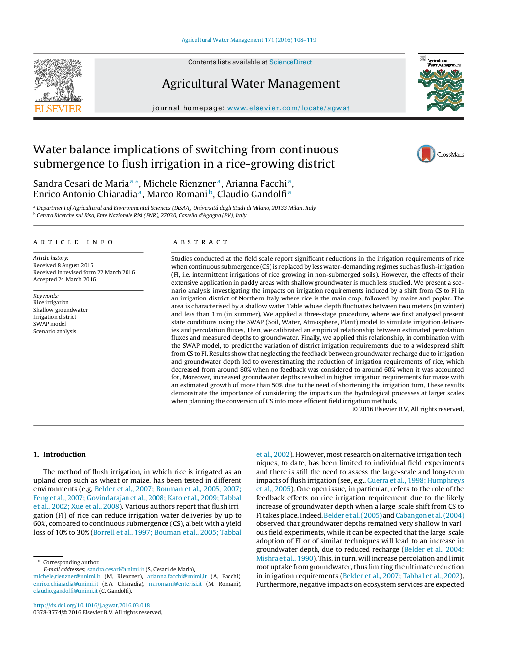 Water balance implications of switching from continuous submergence to flush irrigation in a rice-growing district