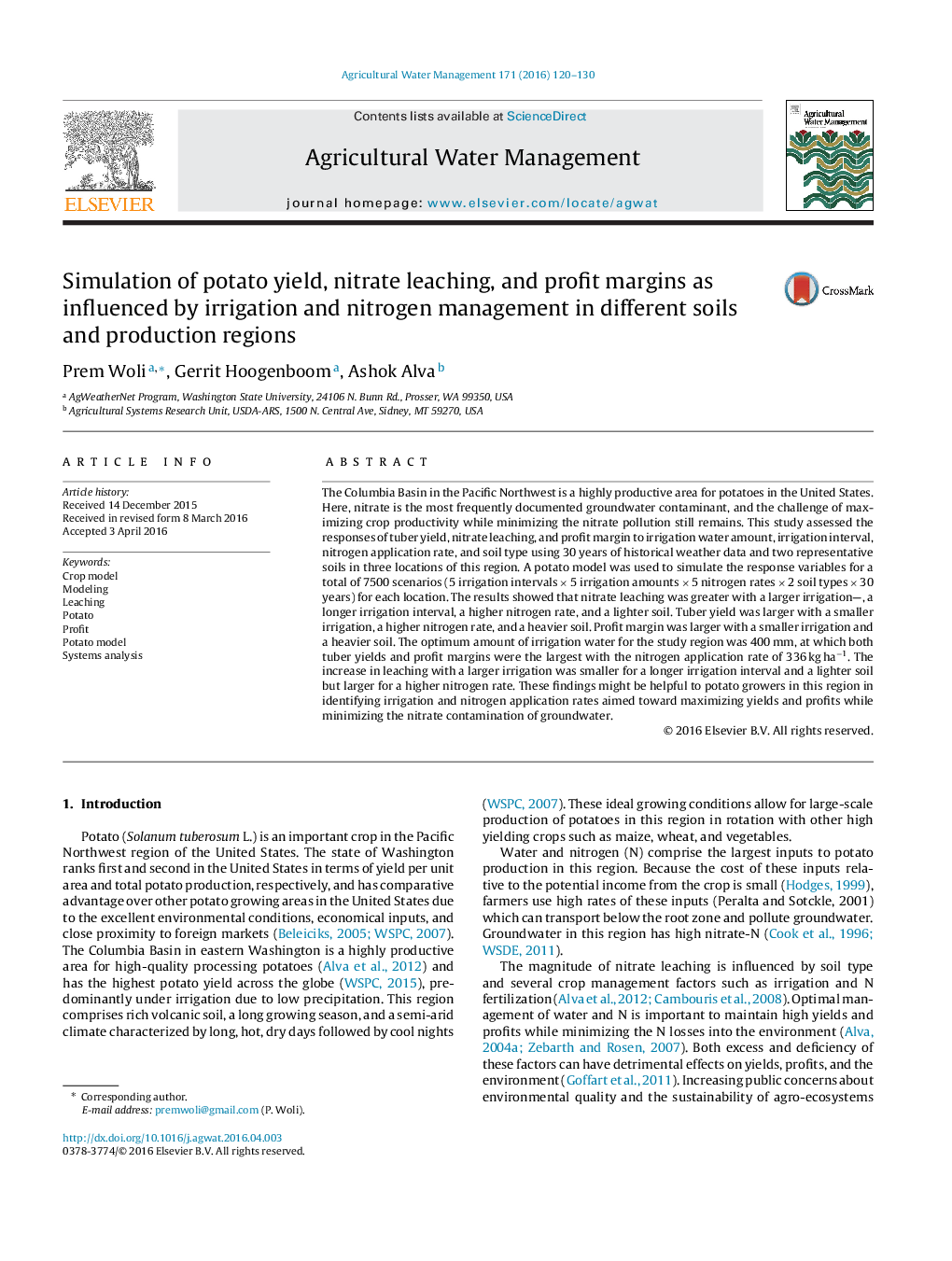 Simulation of potato yield, nitrate leaching, and profit margins as influenced by irrigation and nitrogen management in different soils and production regions