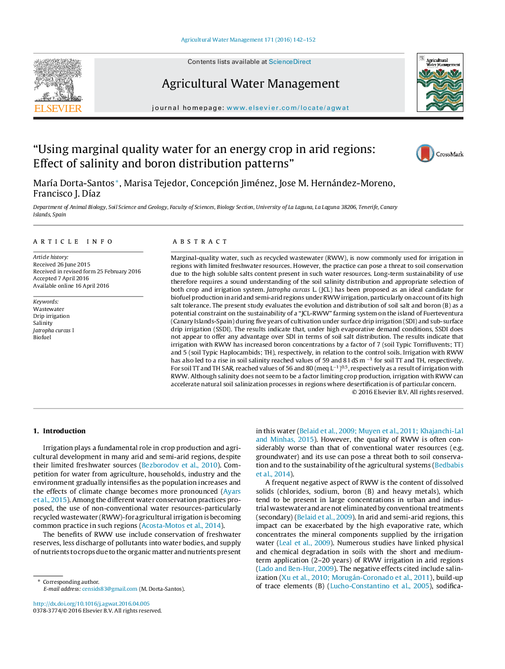 “Using marginal quality water for an energy crop in arid regions: Effect of salinity and boron distribution patterns”