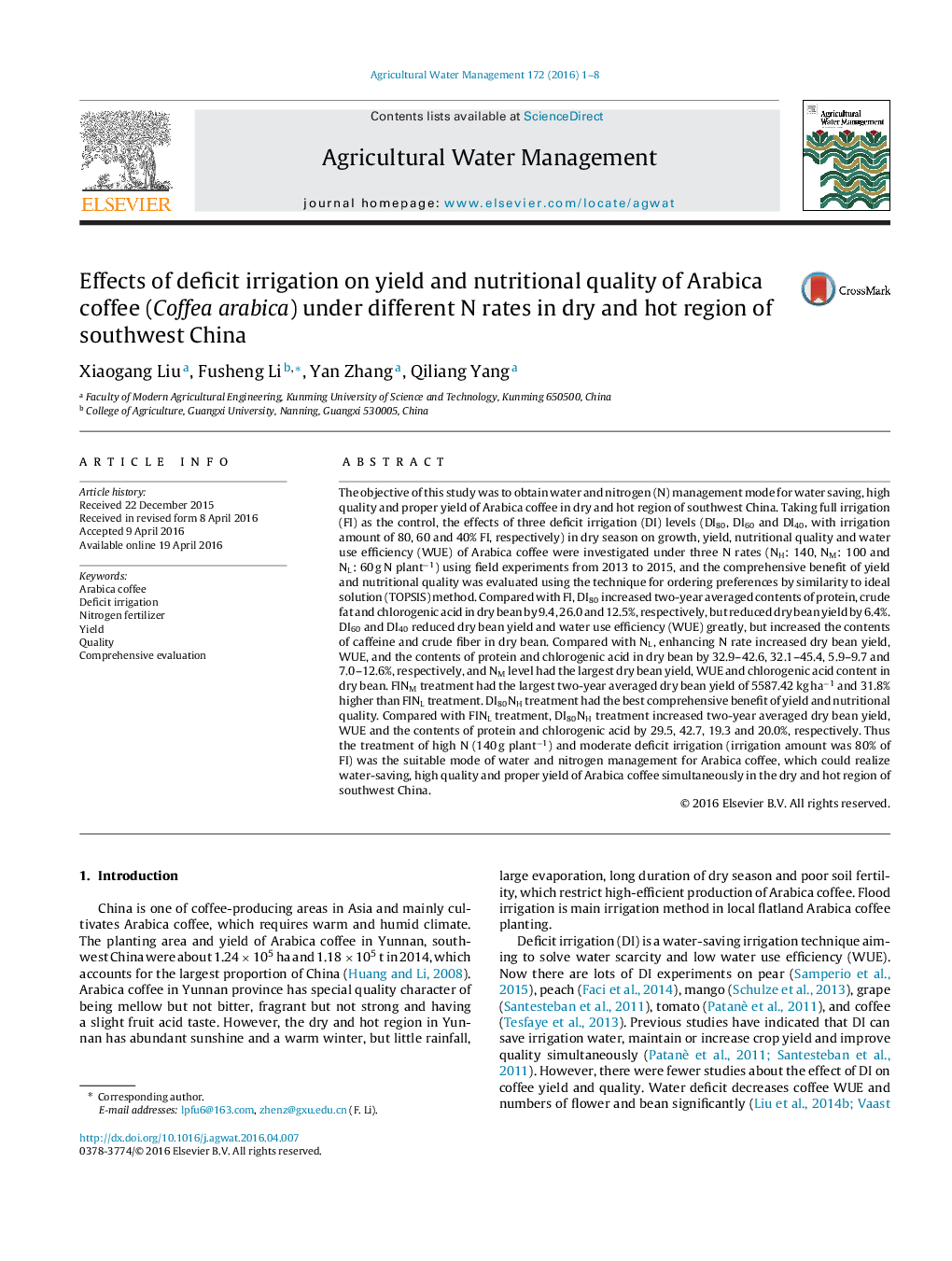 Effects of deficit irrigation on yield and nutritional quality of Arabica coffee (Coffea arabica) under different N rates in dry and hot region of southwest China