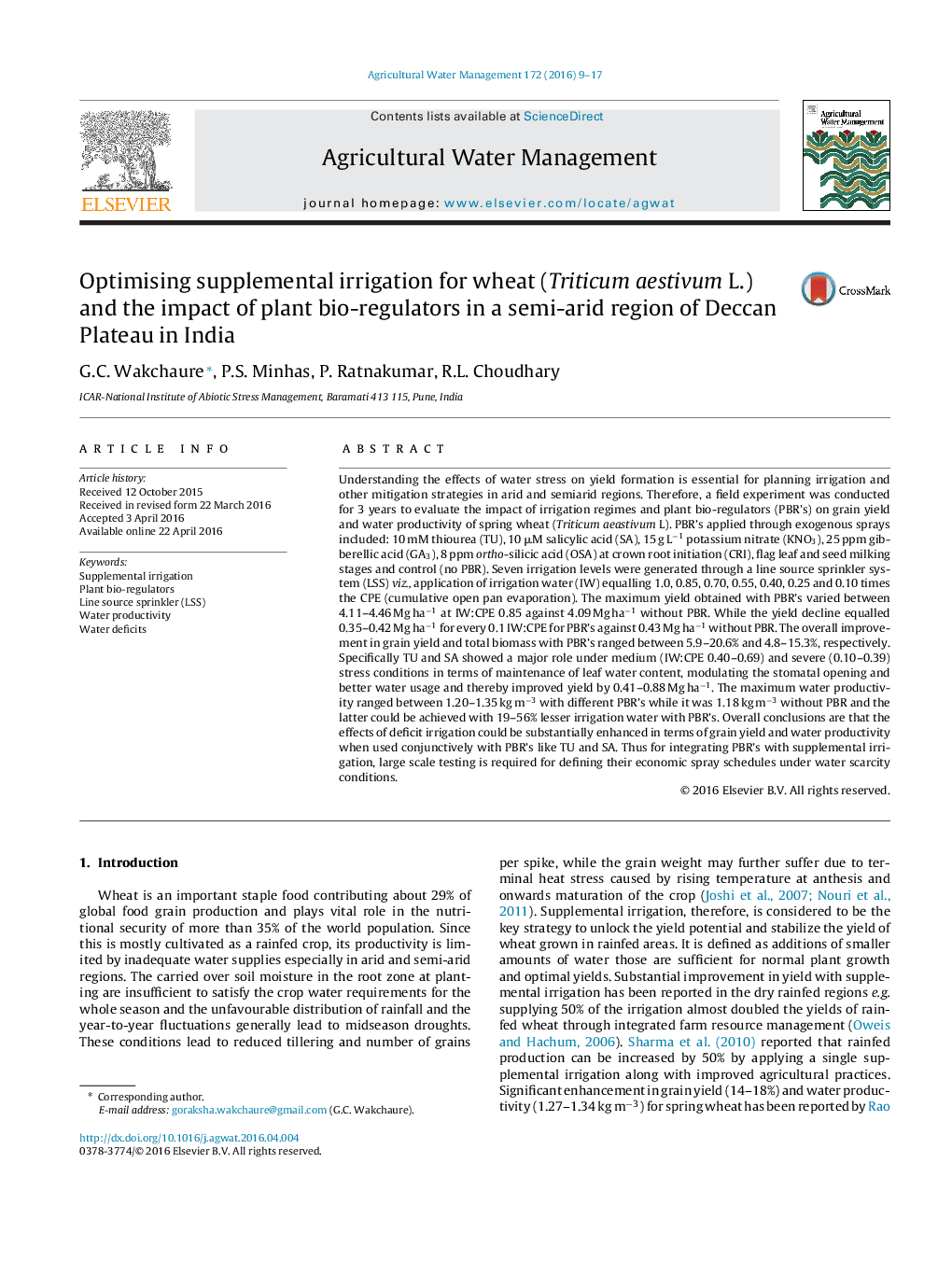 Optimising supplemental irrigation for wheat (Triticum aestivum L.) and the impact of plant bio-regulators in a semi-arid region of Deccan Plateau in India