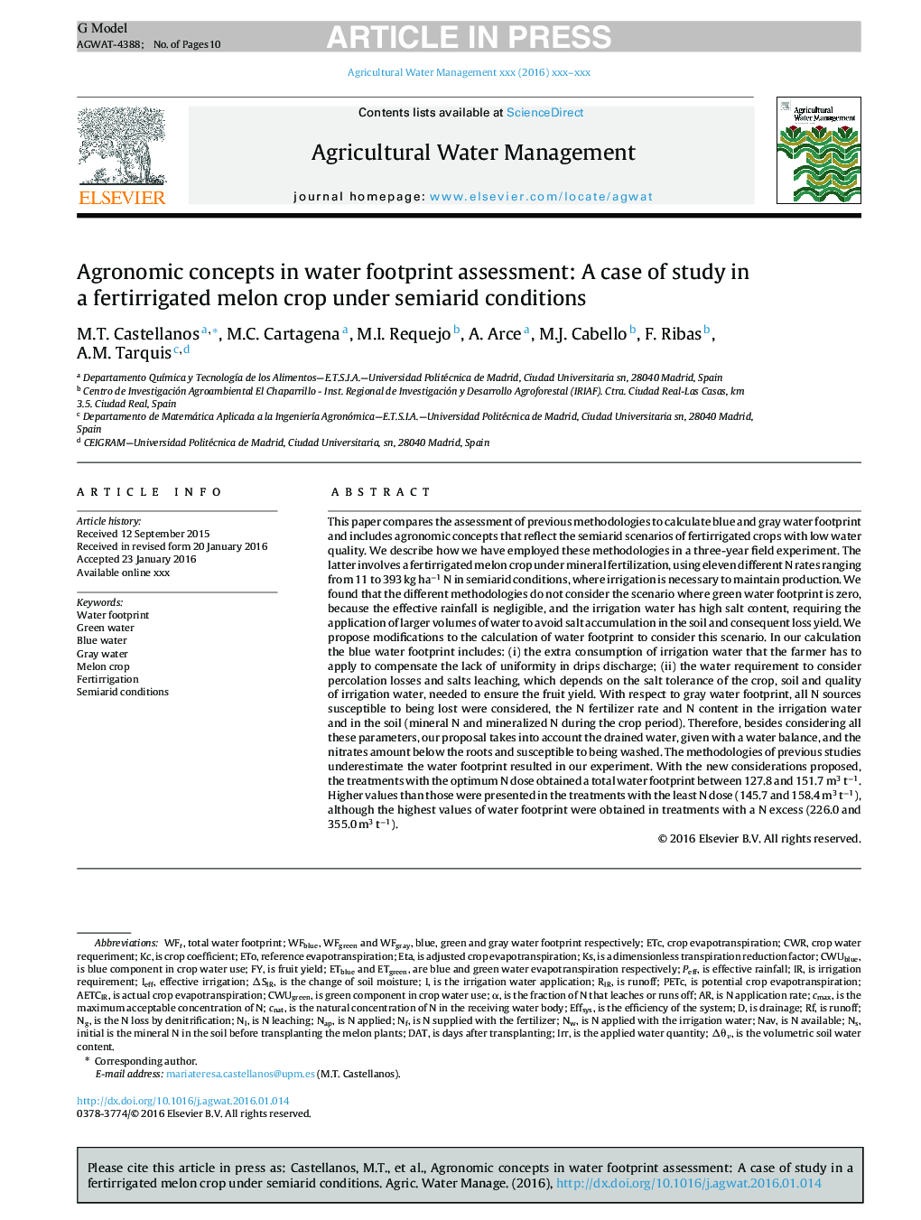 مفاهیم زراعی در ارزیابی رد پای آب: مورد مطالعاتی در یک محصول خربزه مزرعه ای تحت شرایط نیمه خشک 