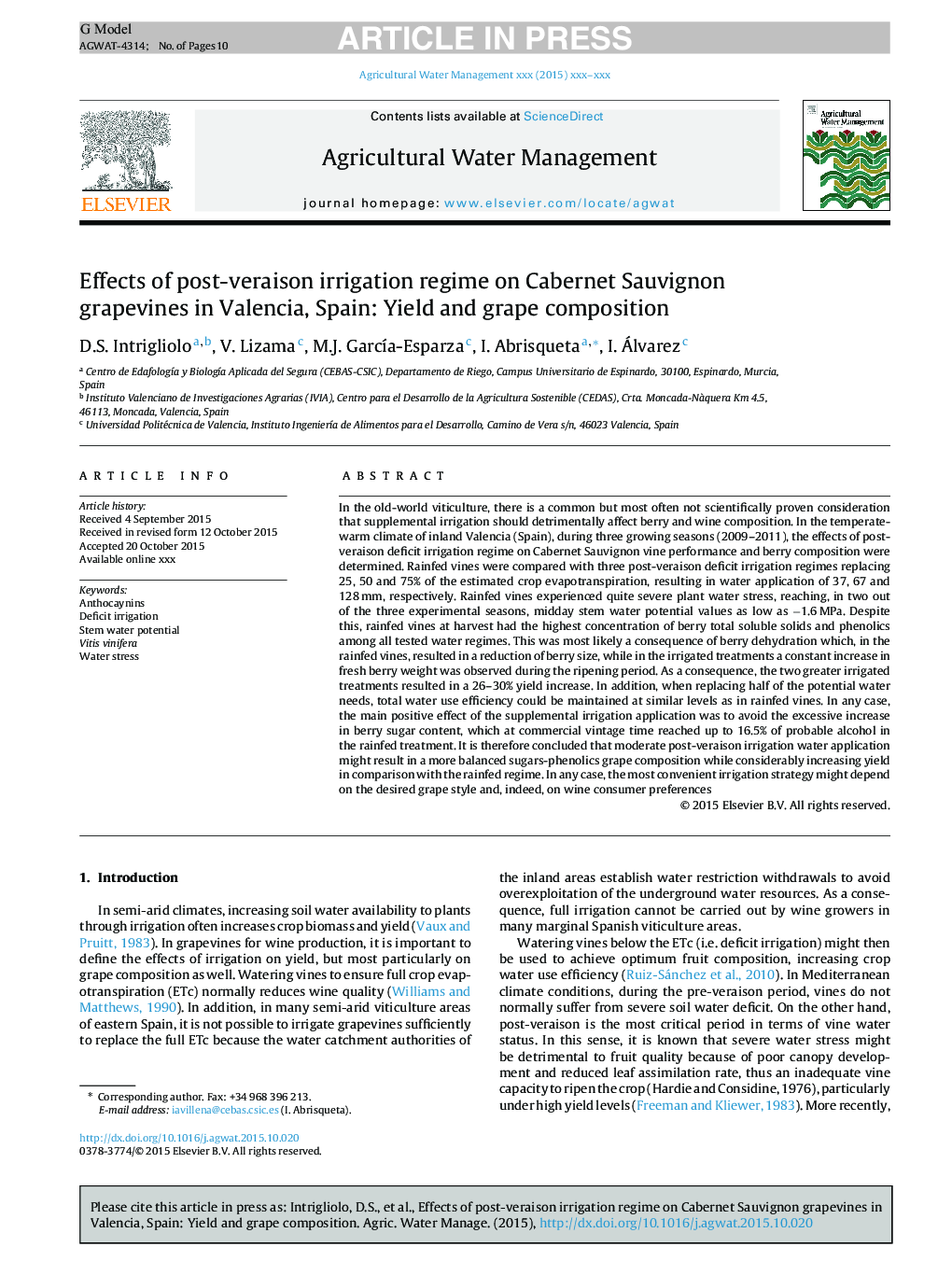 Effects of post-veraison irrigation regime on Cabernet Sauvignon grapevines in Valencia, Spain: Yield and grape composition