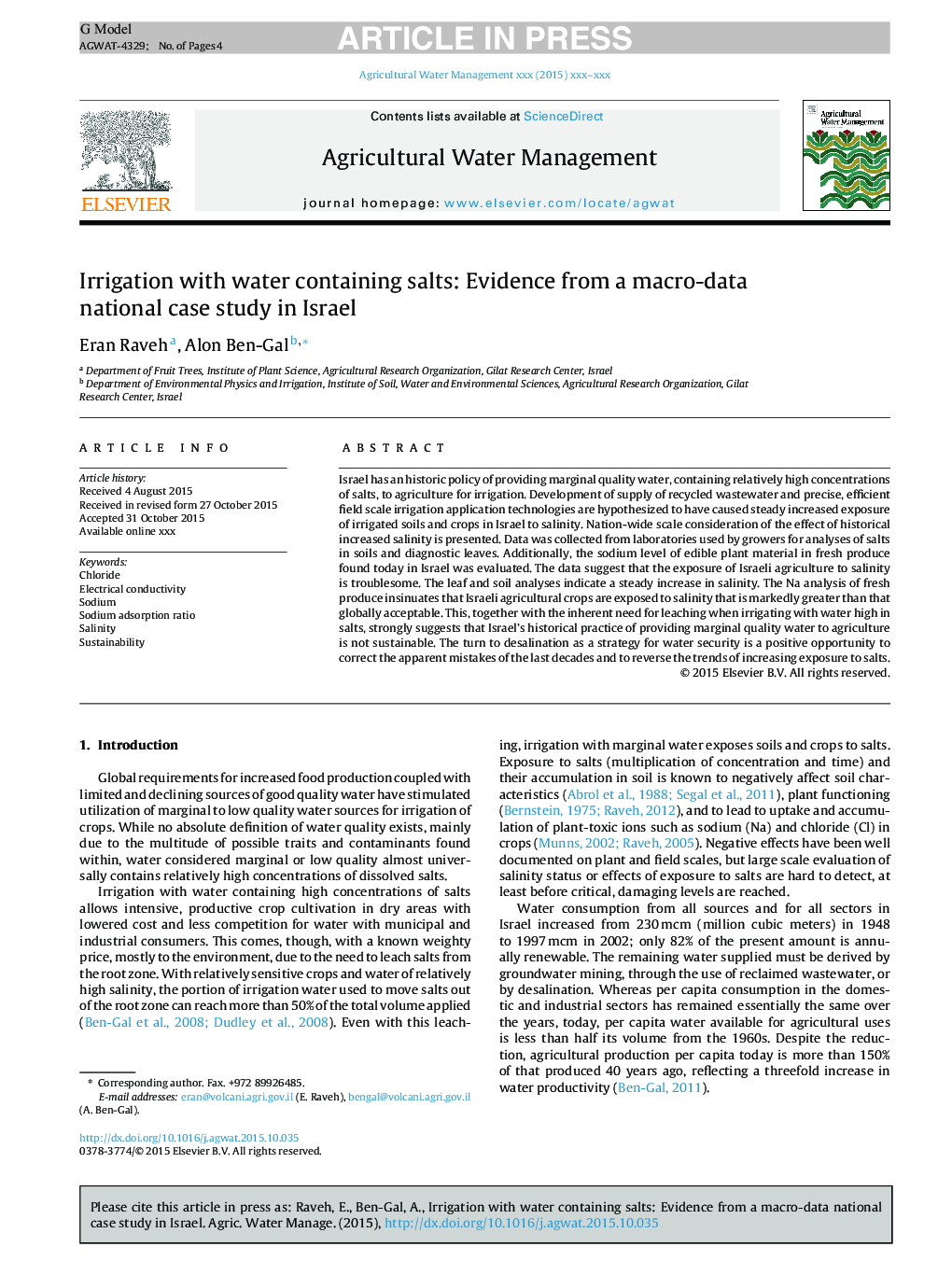 Irrigation with water containing salts: Evidence from a macro-data national case study in Israel