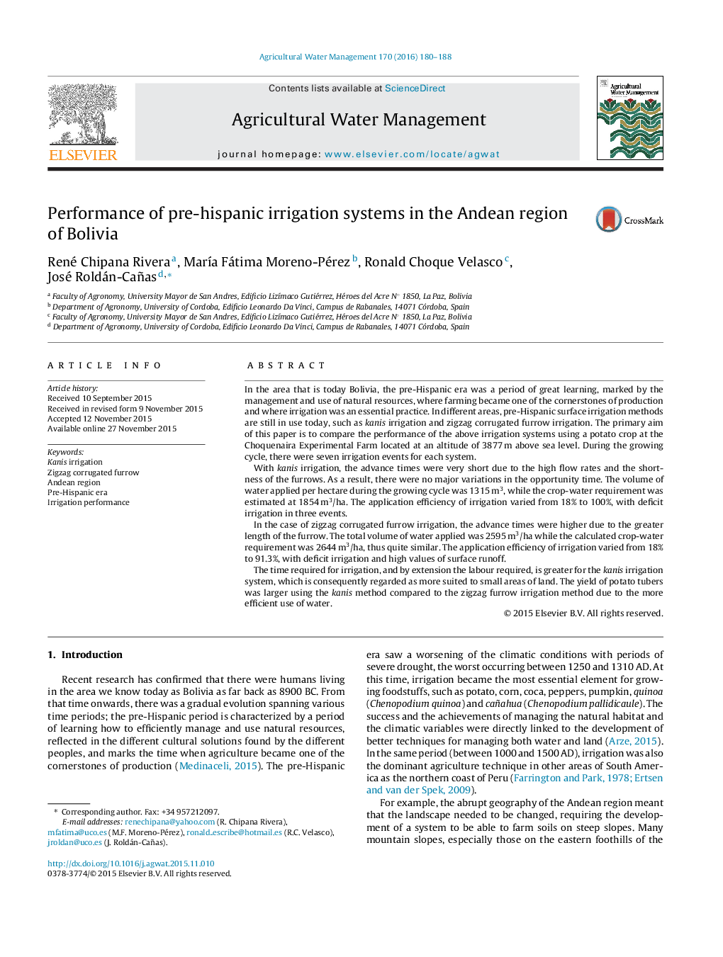 Performance of pre-hispanic irrigation systems in the Andean region of Bolivia