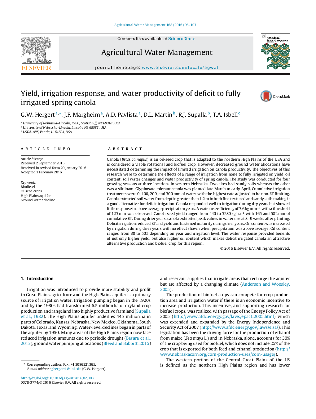 Yield, irrigation response, and water productivity of deficit to fully irrigated spring canola