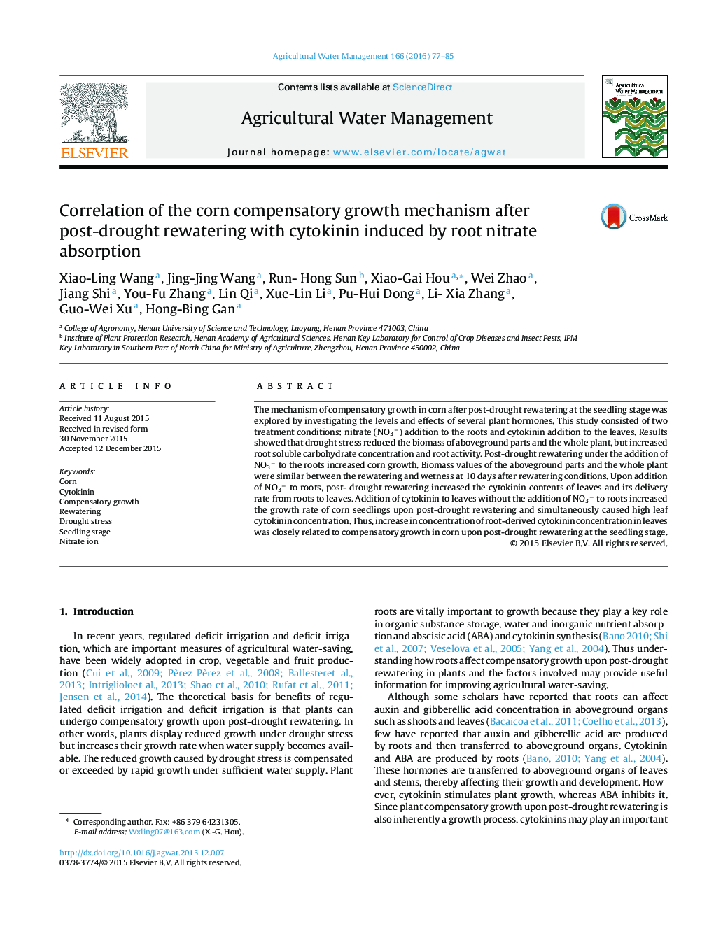 Correlation of the corn compensatory growth mechanism after post-drought rewatering with cytokinin induced by root nitrate absorption