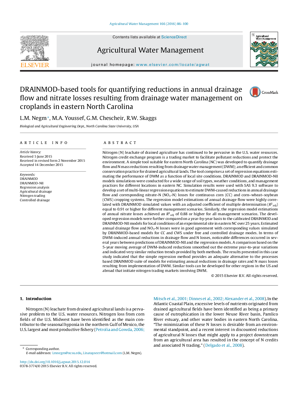 DRAINMOD-based tools for quantifying reductions in annual drainage flow and nitrate losses resulting from drainage water management on croplands in eastern North Carolina