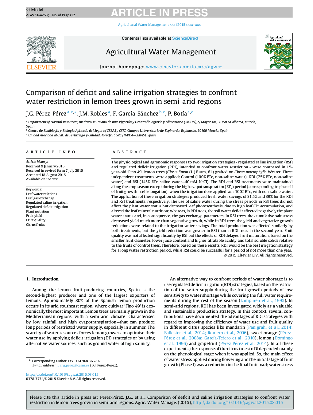 Comparison of deficit and saline irrigation strategies to confront water restriction in lemon trees grown in semi-arid regions