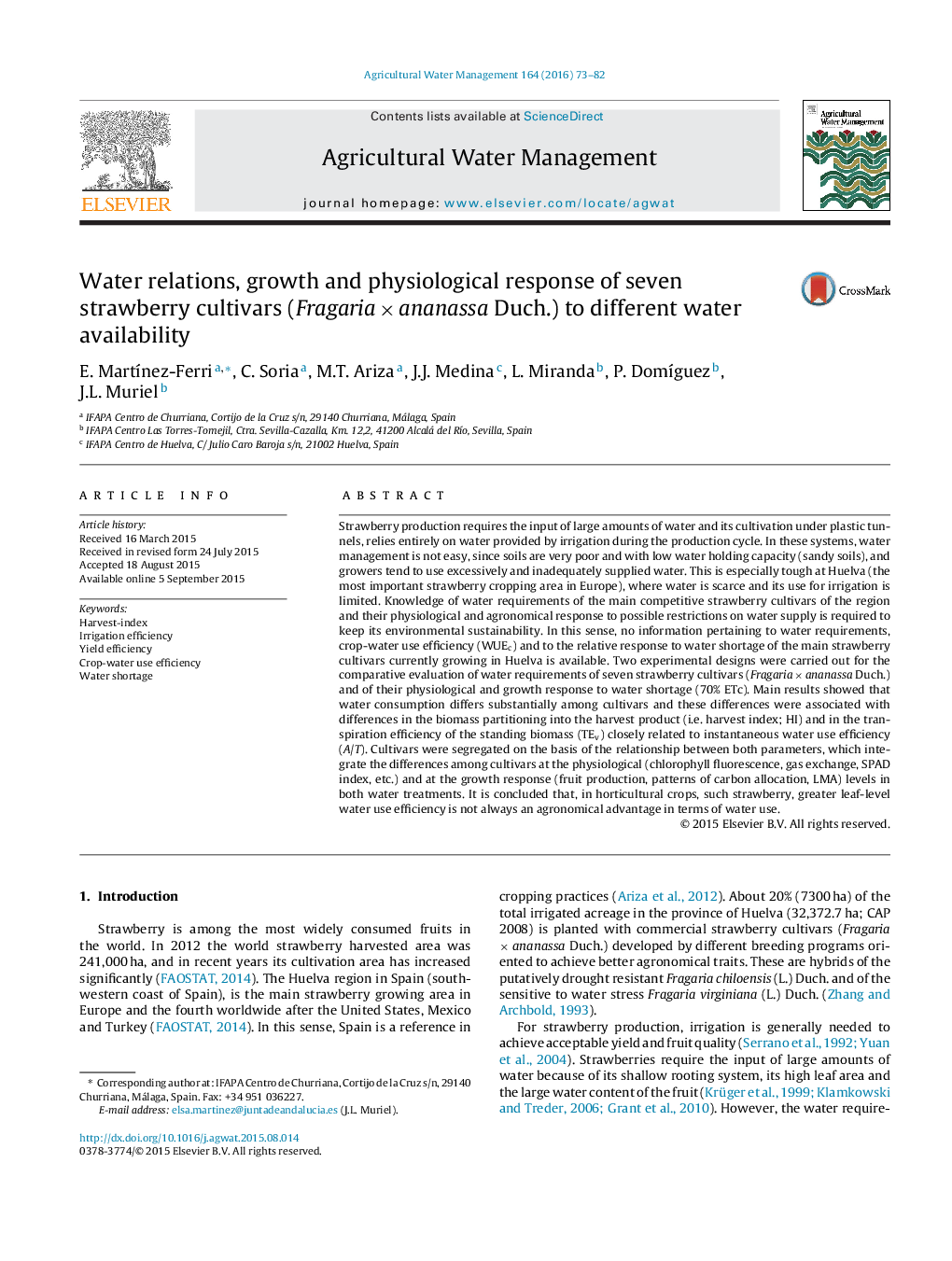 Water relations, growth and physiological response of seven strawberry cultivars (FragariaÂ ÃÂ ananassa Duch.) to different water availability