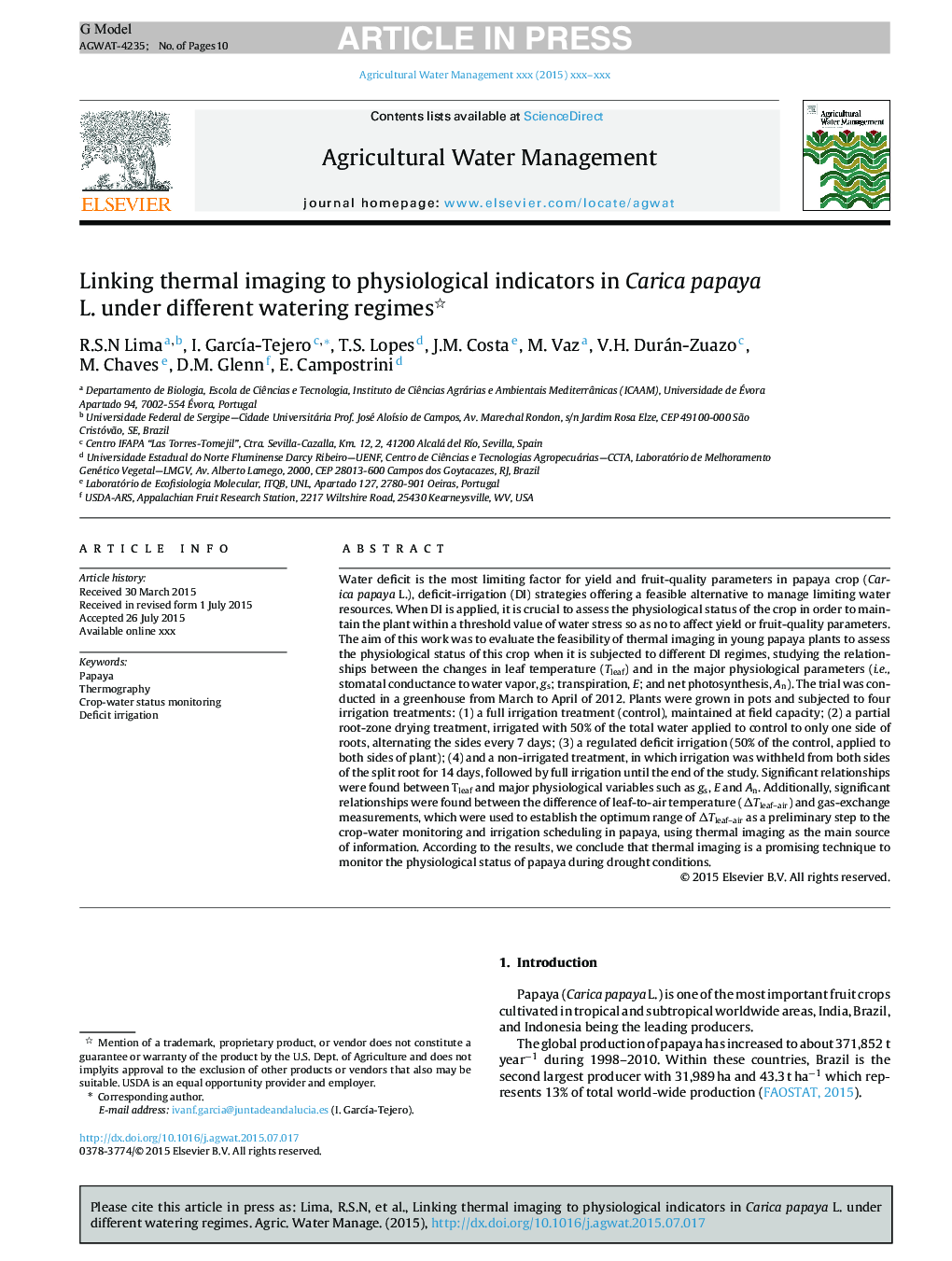 Linking thermal imaging to physiological indicators in Carica papaya L. under different watering regimes