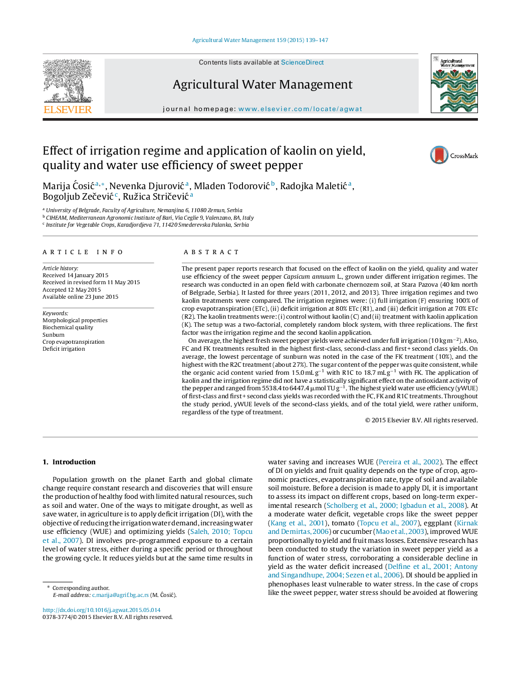 Effect of irrigation regime and application of kaolin on yield, quality and water use efficiency of sweet pepper