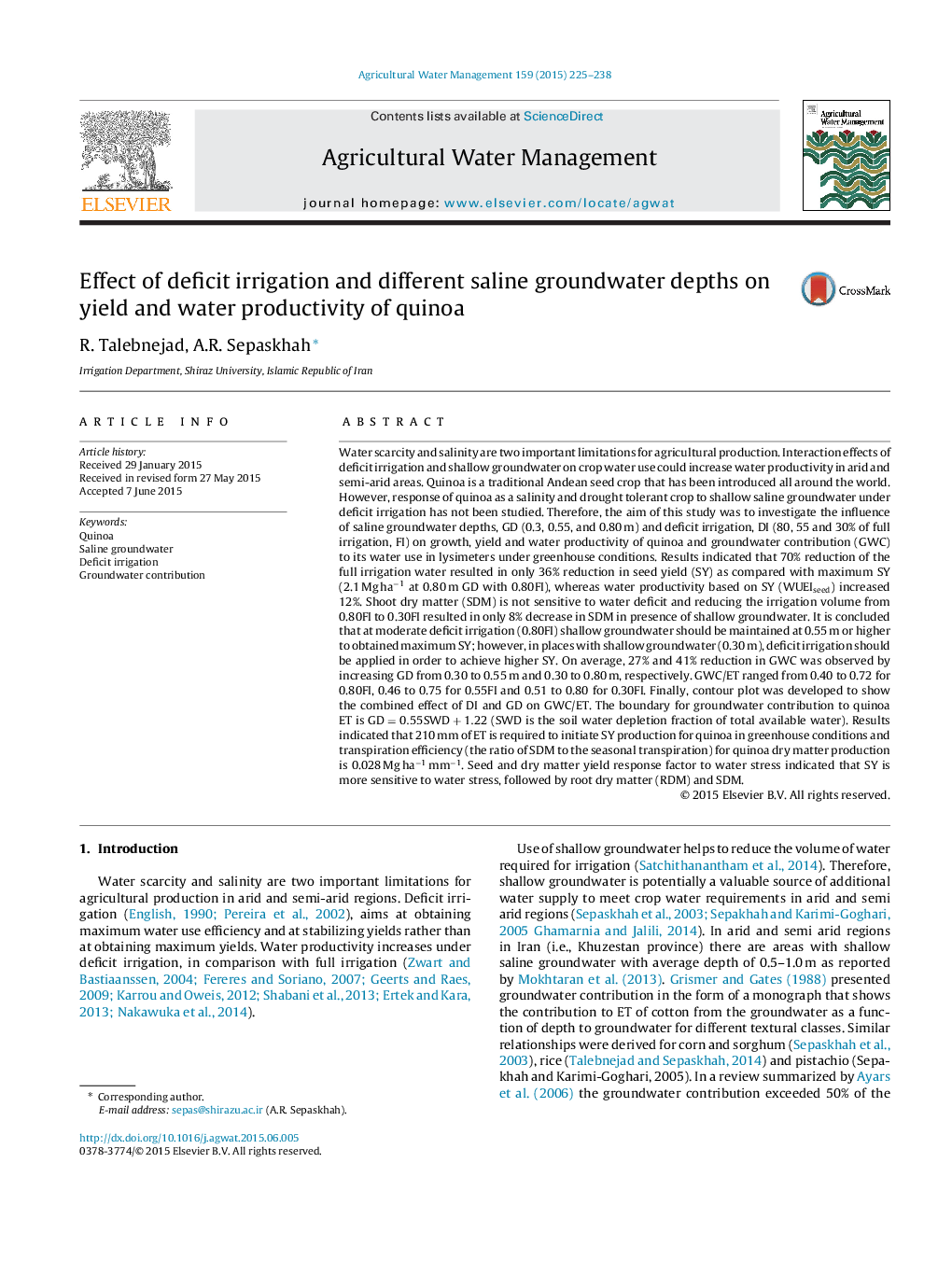 Effect of deficit irrigation and different saline groundwater depths on yield and water productivity of quinoa