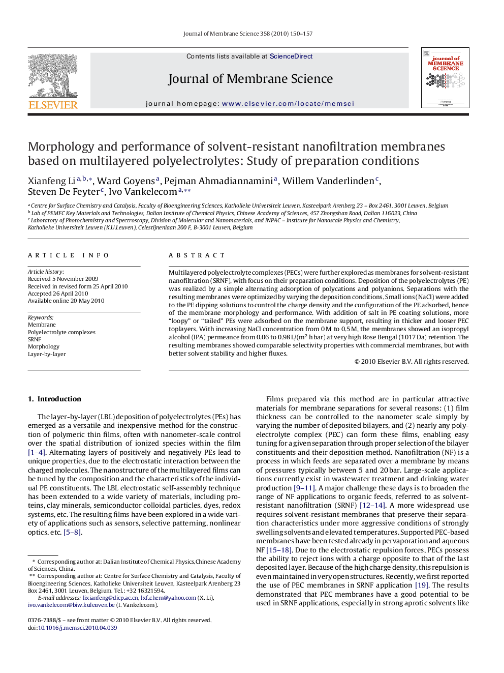 Morphology and performance of solvent-resistant nanofiltration membranes based on multilayered polyelectrolytes: Study of preparation conditions